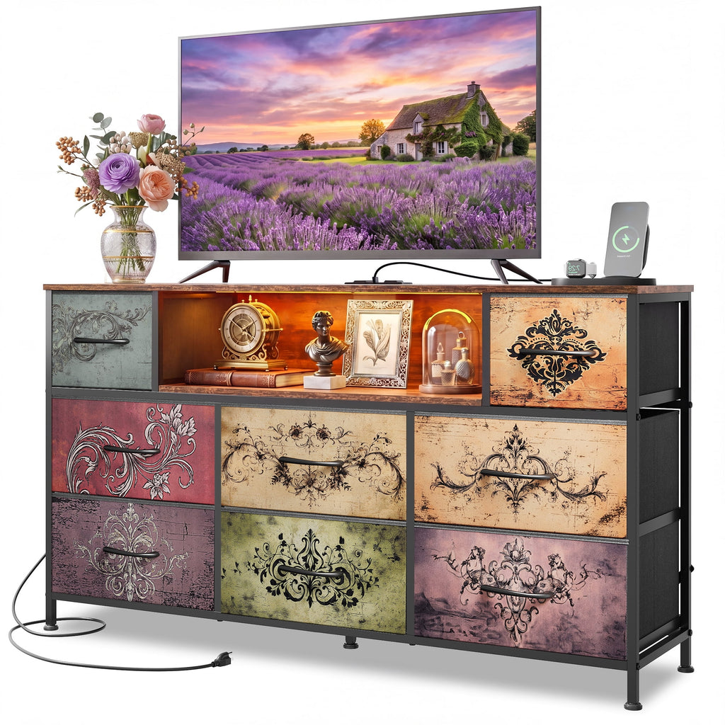 GALAXHERO 8-Drawer Dressers for Bedroom, Dresser TV Stand for 55'' TV with LED Lights and Power Outlets, Fabric Chest of Drawers for Living Room, Entryway