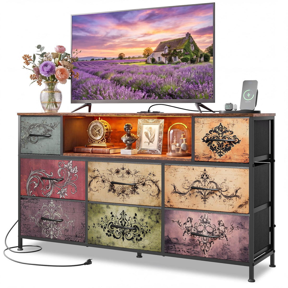 GALAXHERO 8-Drawer Dressers for Bedroom, Dresser TV Stand for 55'' TV with LED Lights and Power Outlets, Fabric Chest of Drawers for Living Room, Entryway
