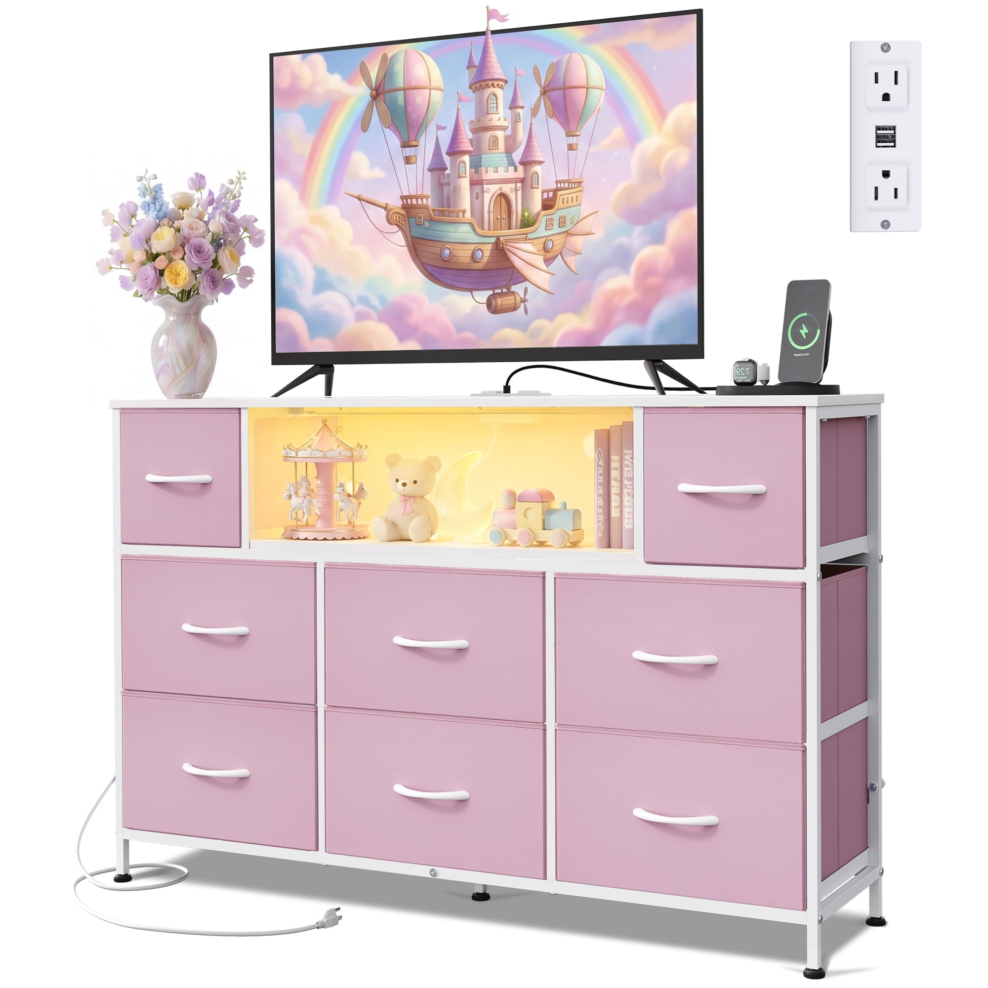 GALAXHERO 8-Drawer Dressers for Bedroom, Dresser TV Stand for 55'' TV with LED Lights and Power Outlets, Fabric Chest of Drawers for Living Room, Entryway