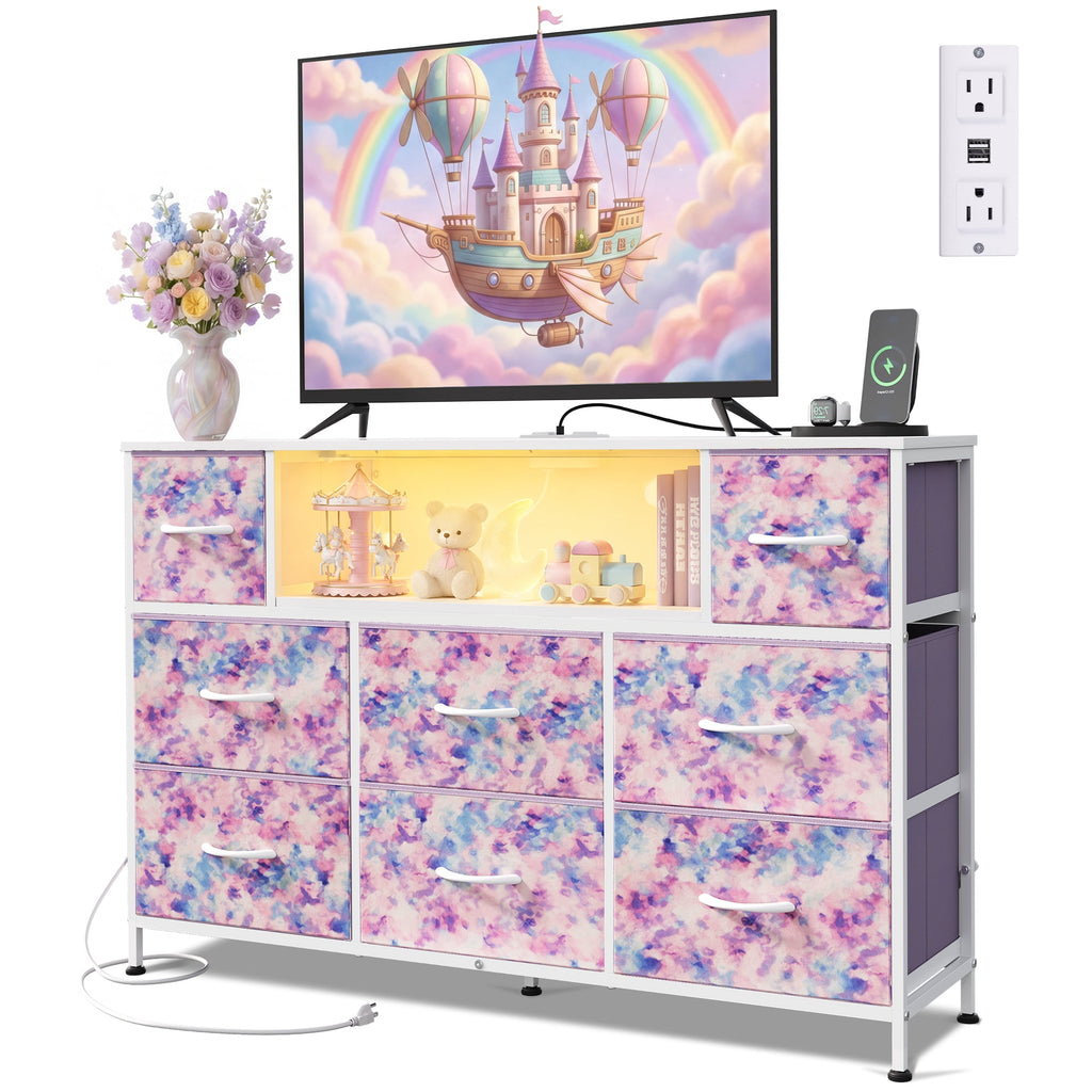 GALAXHERO 8-Drawer Dressers for Bedroom, Dresser TV Stand for 55'' TV with LED Lights and Power Outlets, Fabric Chest of Drawers for Living Room, Entryway