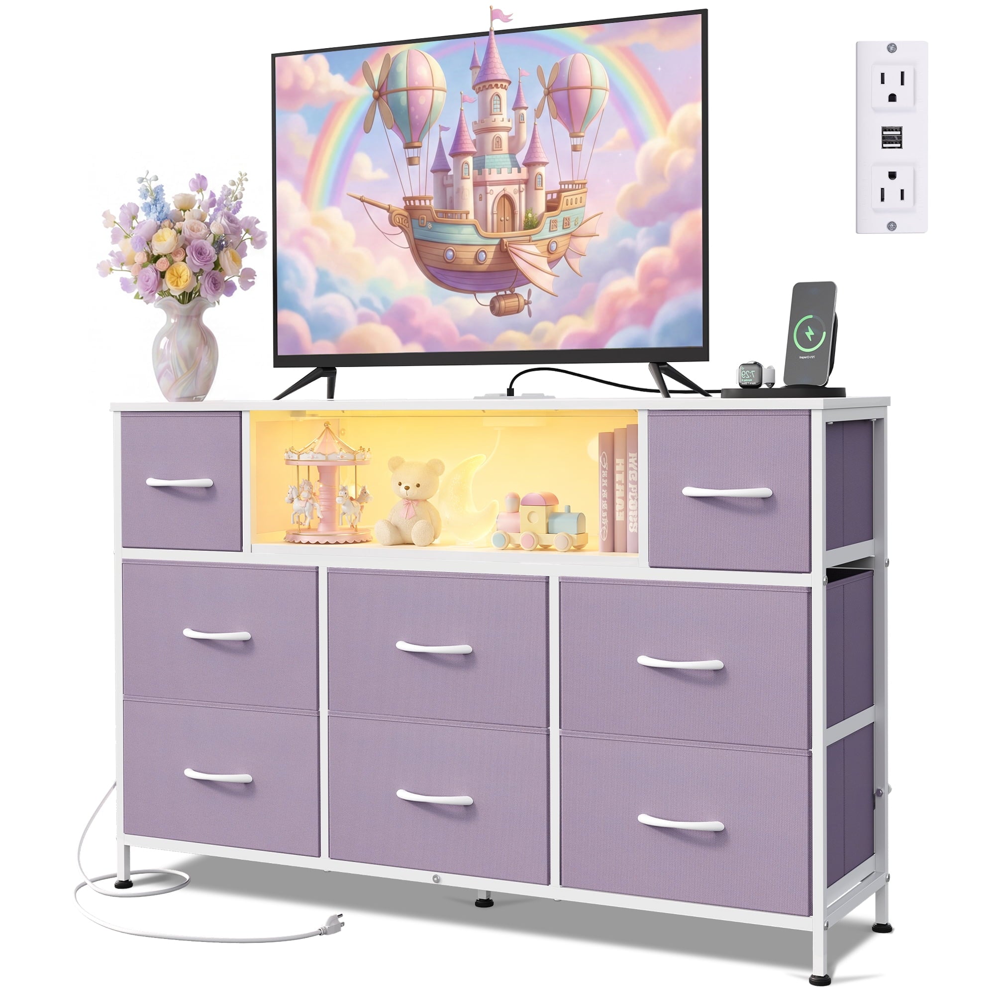 GALAXHERO 8-Drawer Dressers for Bedroom, Dresser TV Stand for 55'' TV with LED Lights and Power Outlets, Fabric Chest of Drawers for Living Room, Entryway
