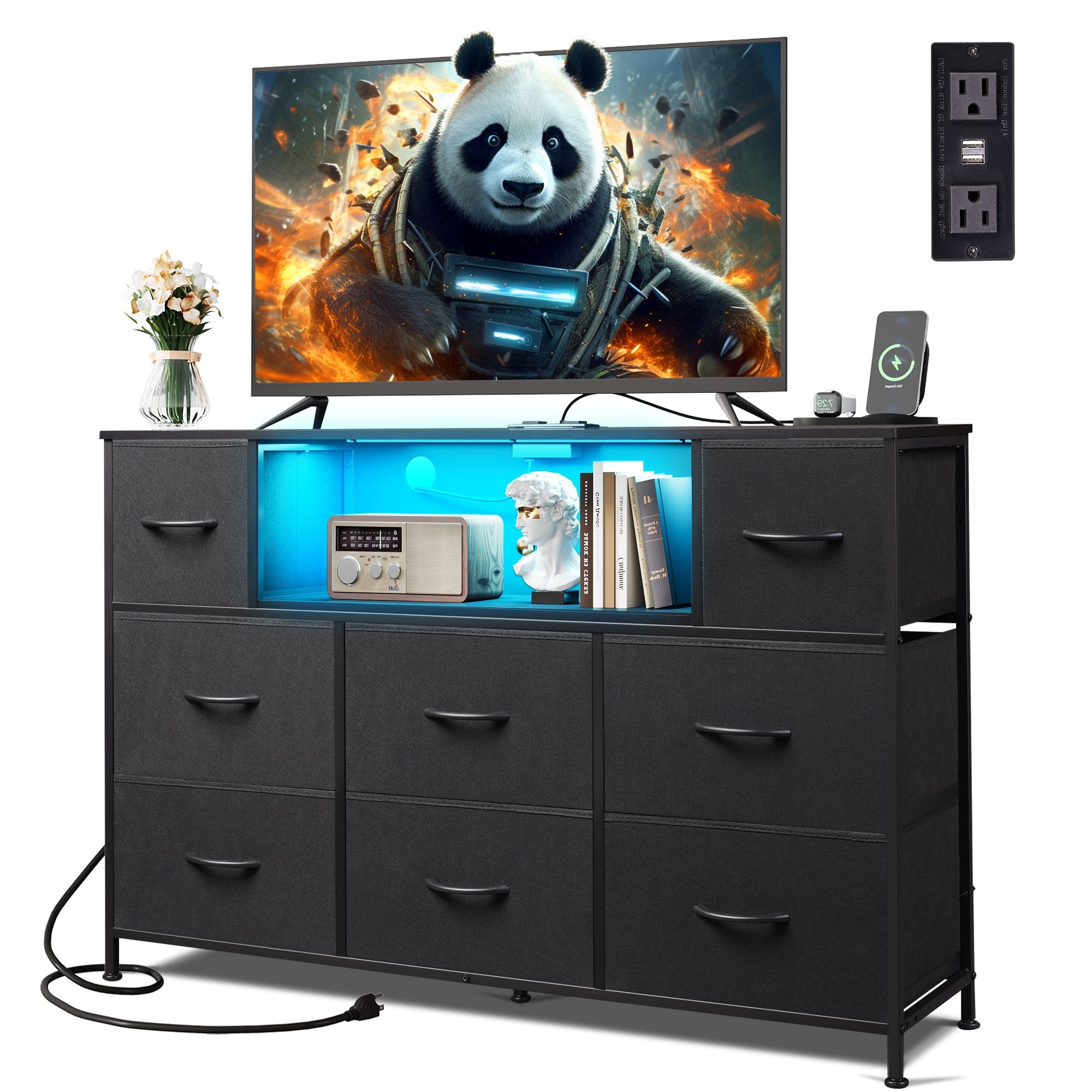 GALAXHERO 8-Drawer Fabric Dresser with Charging Station and LED Lights, TV Stand for 55-Inch TV, Storage Chest with Open Shelves for Bedroom, Living Room, Closet