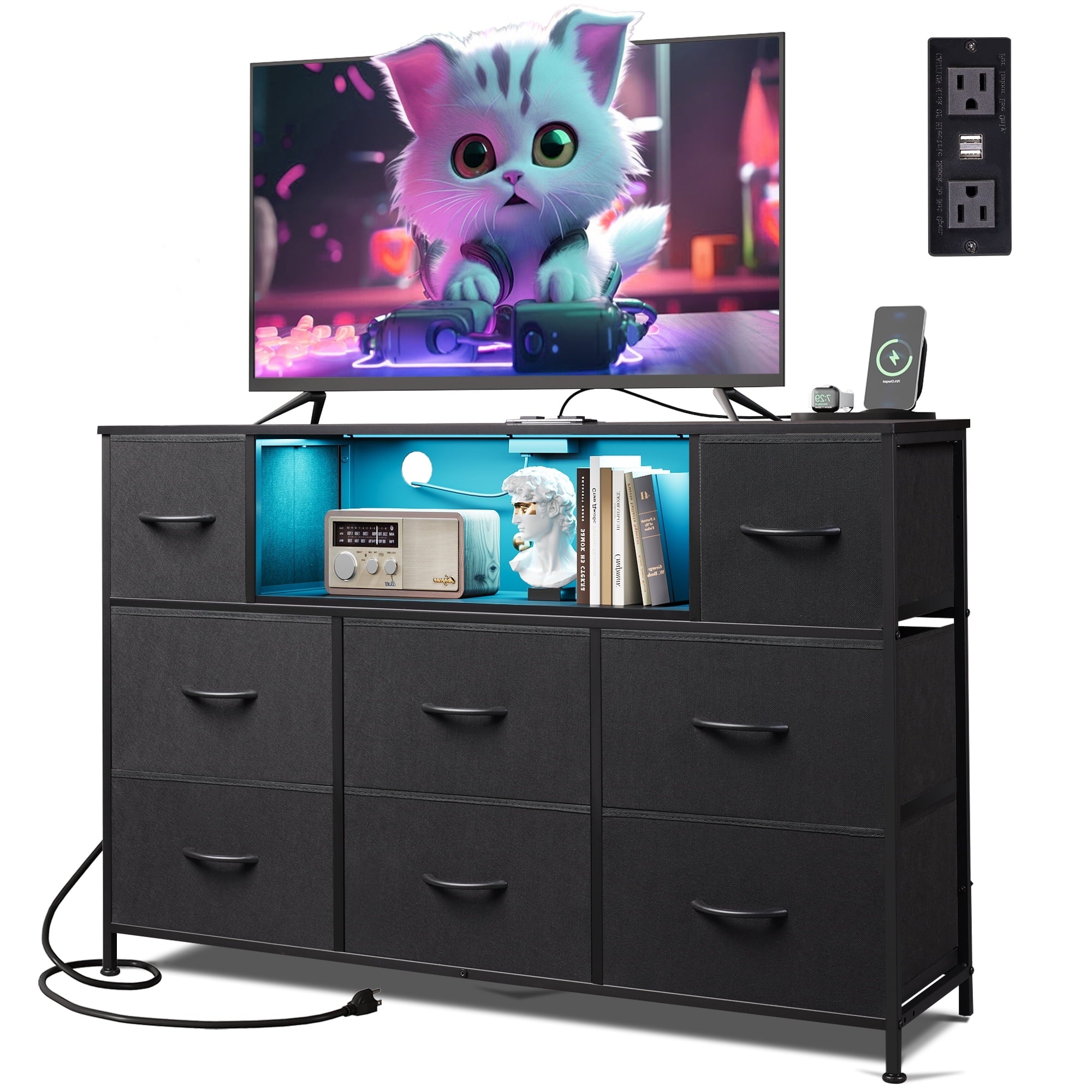 GALAXHERO 8-Drawer Dressers for Bedroom, TV Stand for 55'' TV with Charging Station and LED Lights