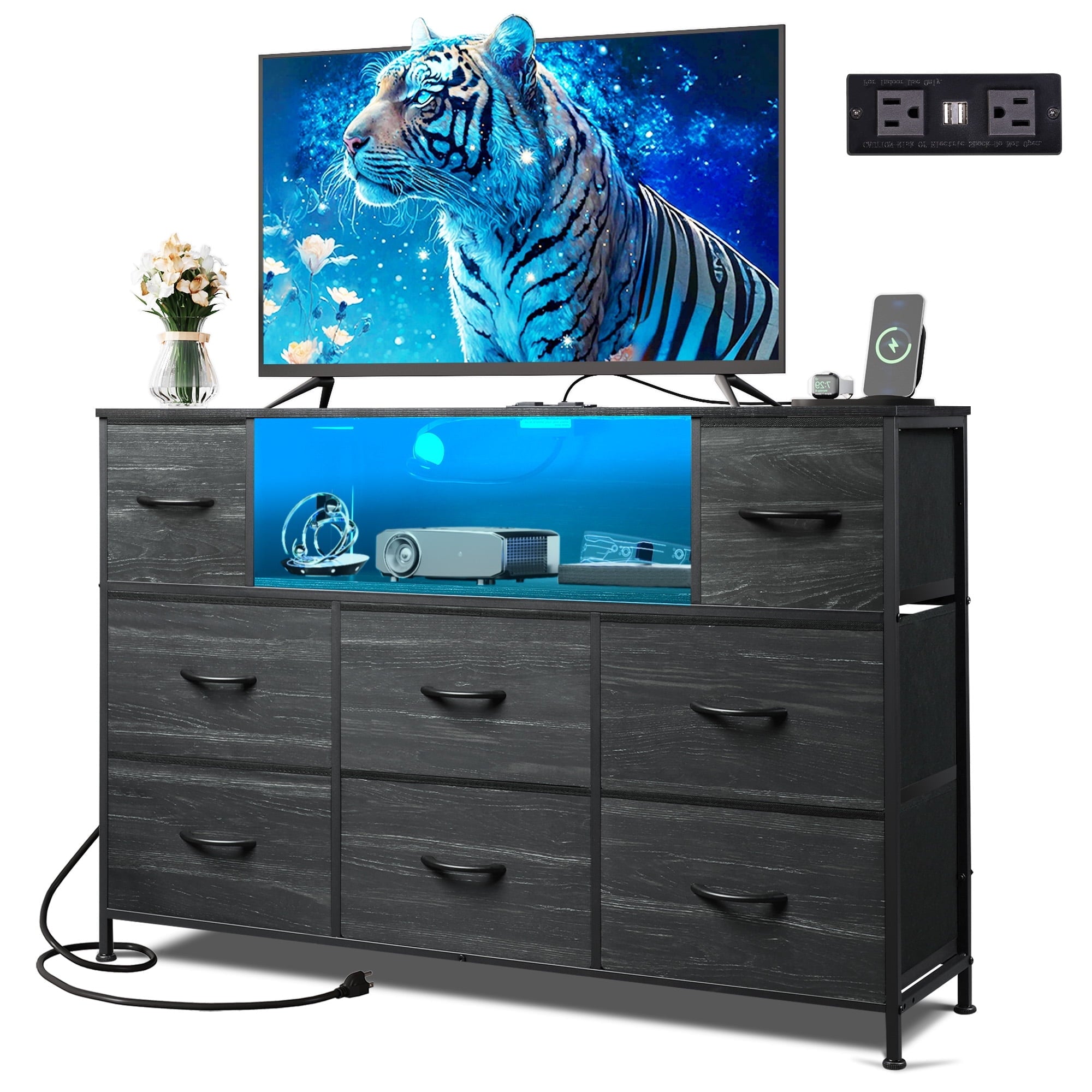 GALAXHERO 8-Drawer Dressers for Bedroom, TV Stand for 55'' TV with Charging Station and LED Lights