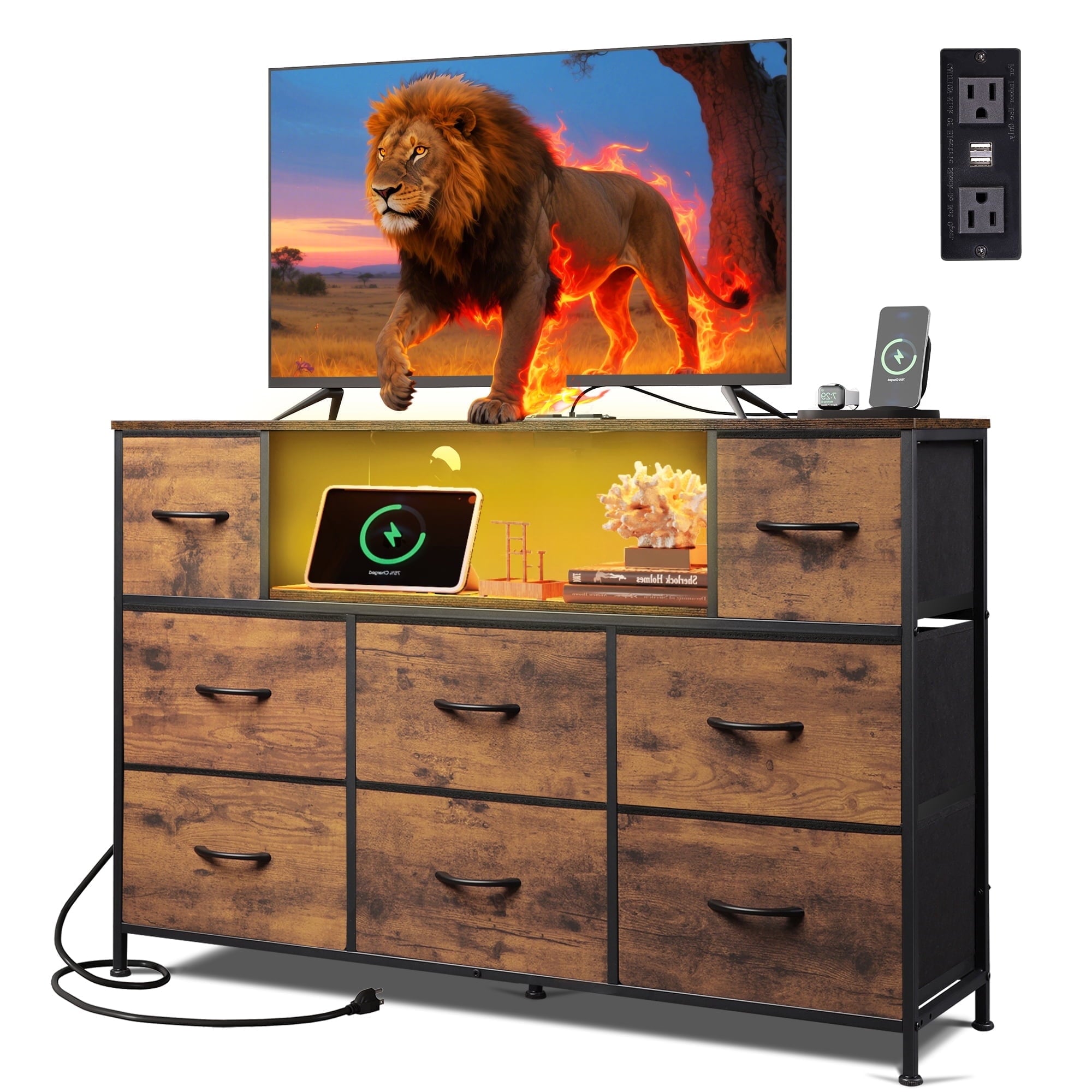 GALAXHERO 8-Drawer Dressers for Bedroom, TV Stand for 55'' TV with Charging Station and LED Lights