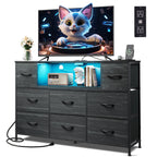 GALAXHERO 8-Drawer Fabric Dresser with Charging Station and LED Lights, TV Stand for 55-Inch TV, Storage Chest with Open Shelves for Bedroom, Living Room, Closet