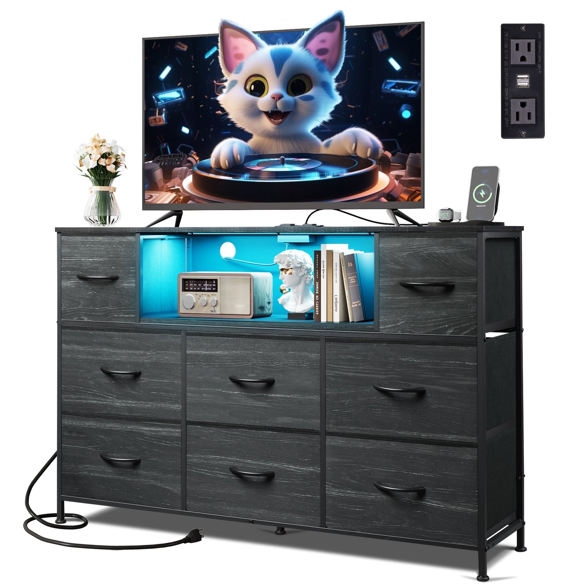 GALAXHERO 8-Drawer Fabric Dresser with Charging Station and LED Lights, TV Stand for 55-Inch TV, Storage Chest with Open Shelves for Bedroom, Living Room, Closet