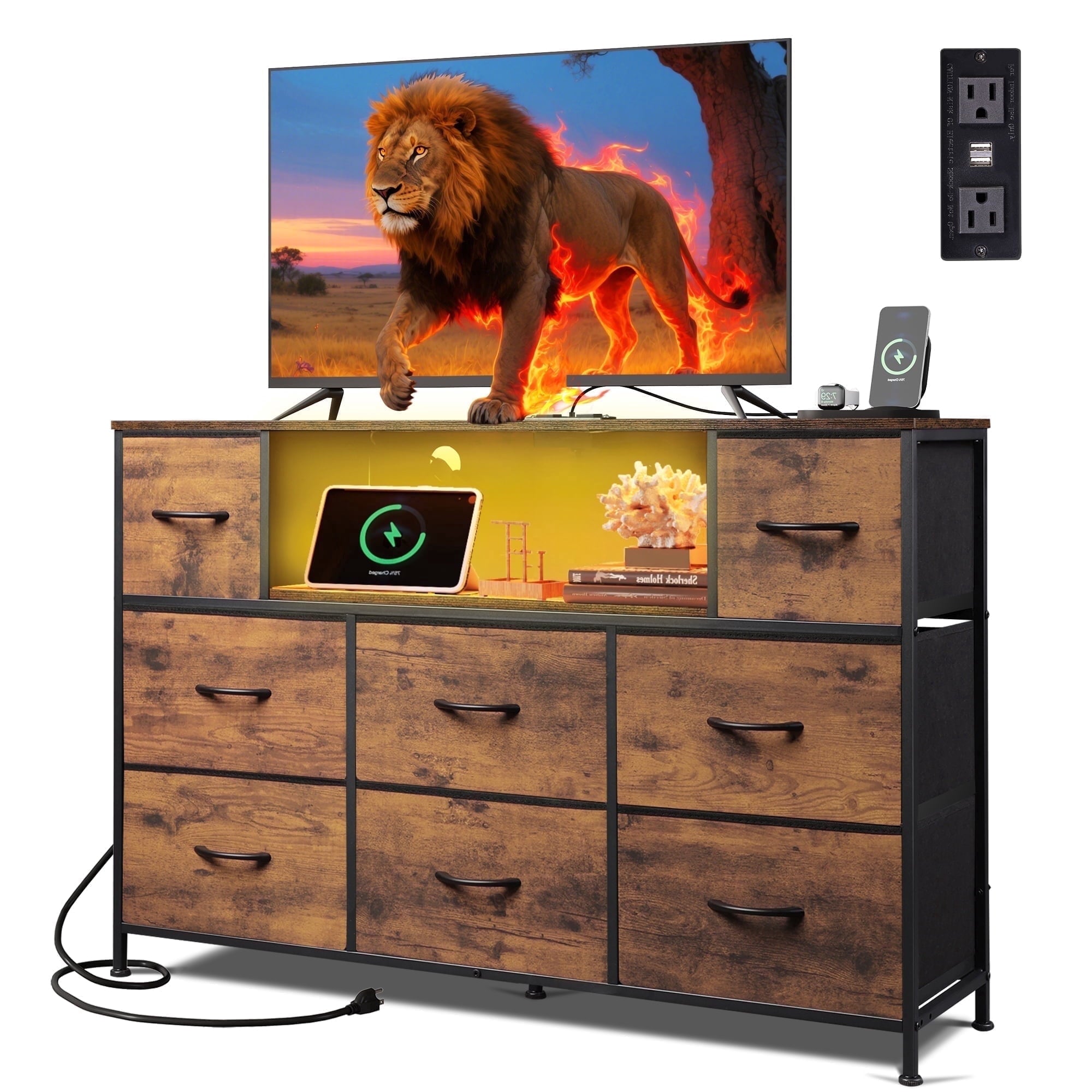 GALAXHERO 8-Drawer Large Dressers for Bedroom, TV Stand for 55'' TV with Charging Station and LED Lights,  Wood Grain Print