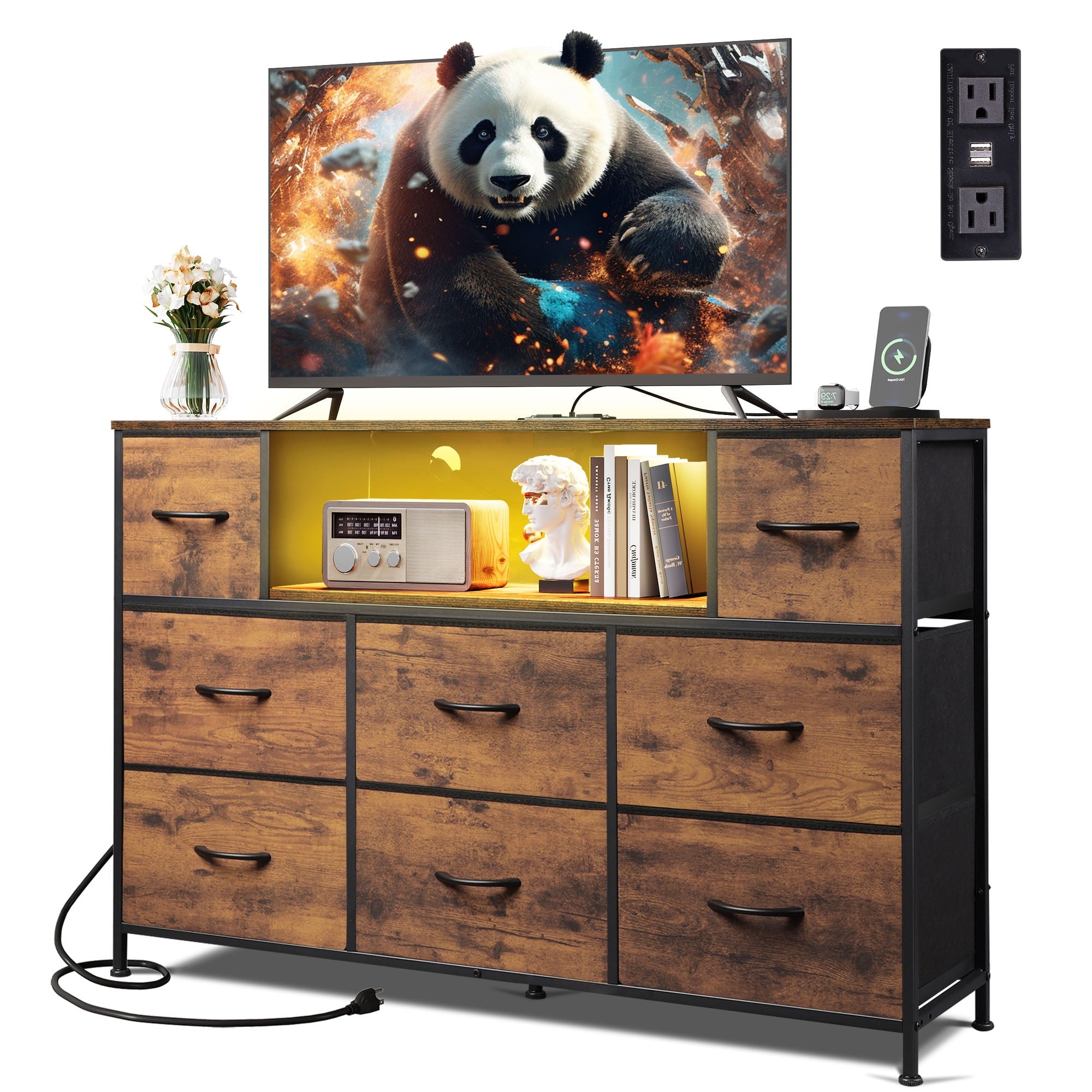 GALAXHERO 8-Drawer Fabric Dresser with Charging Station and LED Lights, TV Stand for 55-Inch TV, Storage Chest with Open Shelves for Bedroom, Living Room, Closet