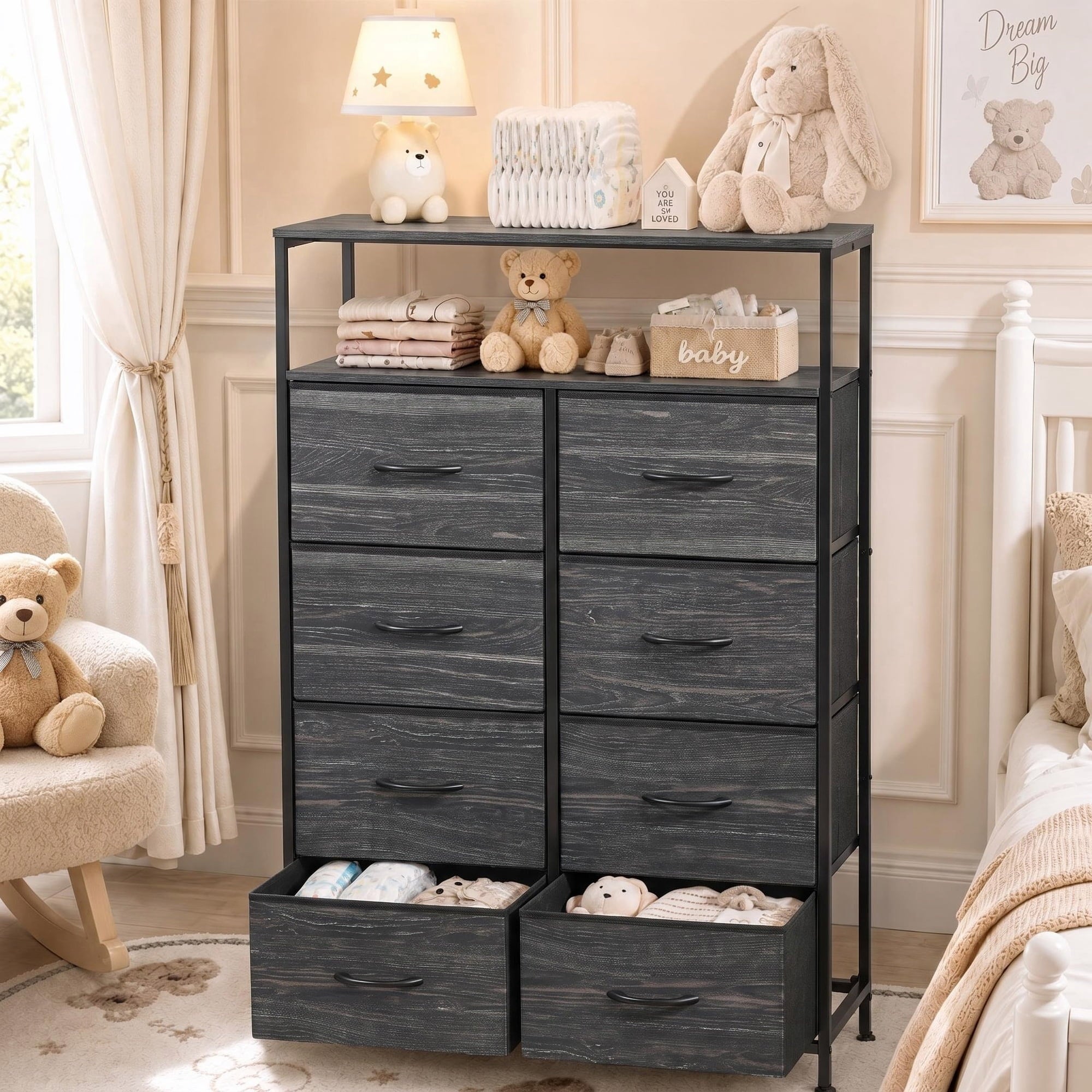 GALAXHERO 8-Drawer Fabric Dresser with Open Shelves, Tall Chest of Drawers with Wooden Top, Storage Tower for Entryway, Bedroom & Closet