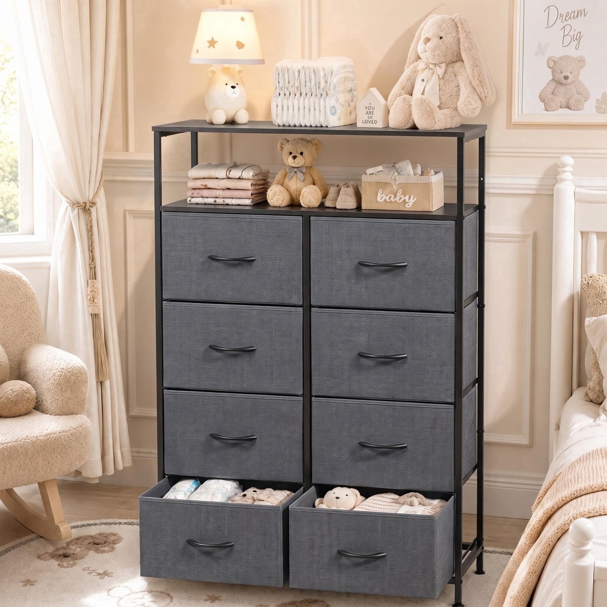 GALAXHERO 8-Drawer Fabric Dresser with Open Shelves, Tall Chest of Drawers with Wooden Top, Storage Tower for Entryway, Bedroom & Closet