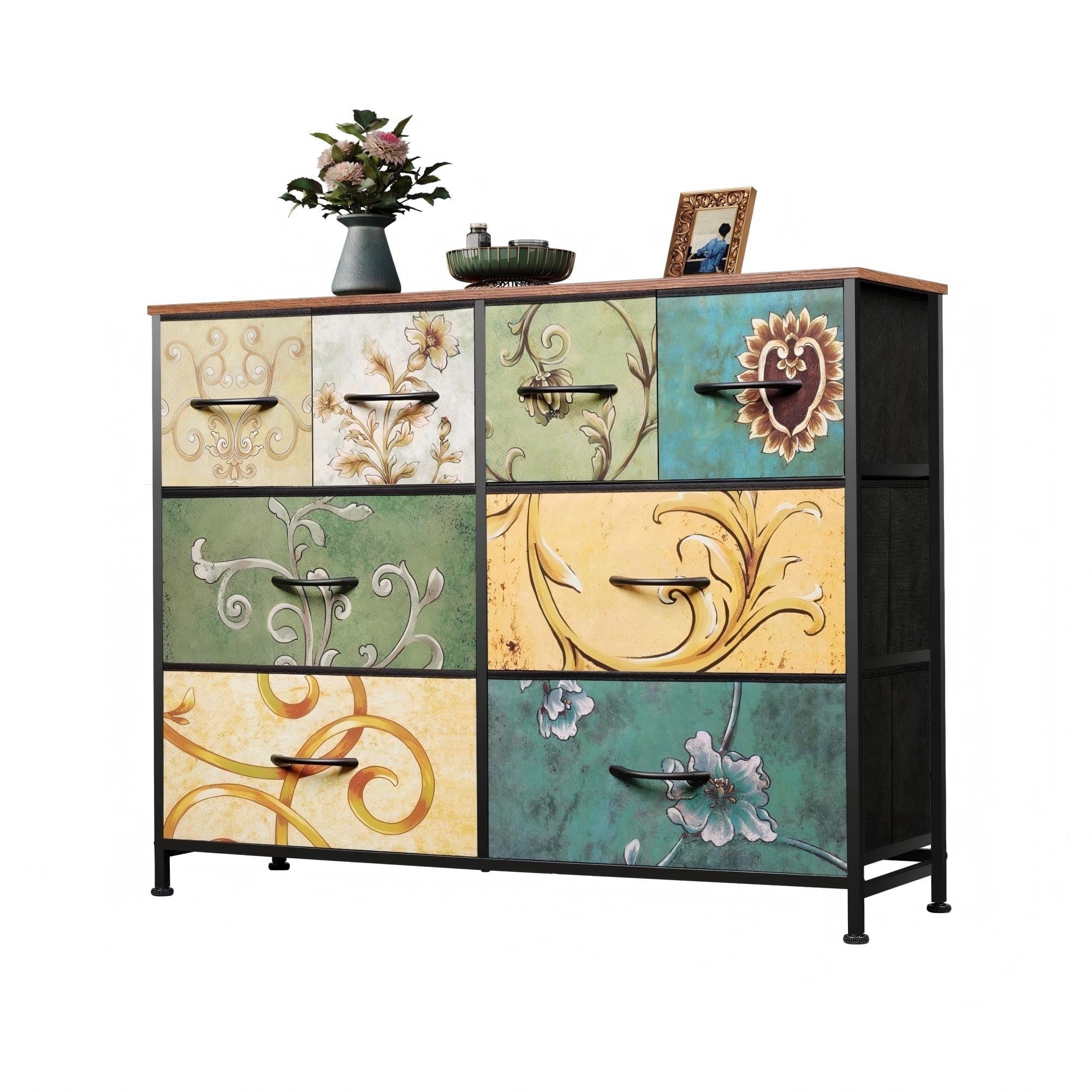 GALAXHERO 8-Drawer Fabric Dresser Storage Organizer Unit, Chest of Drawers with Fabric Bins for Bedroom, Closet, Living Room, Hallway, Floral Painted