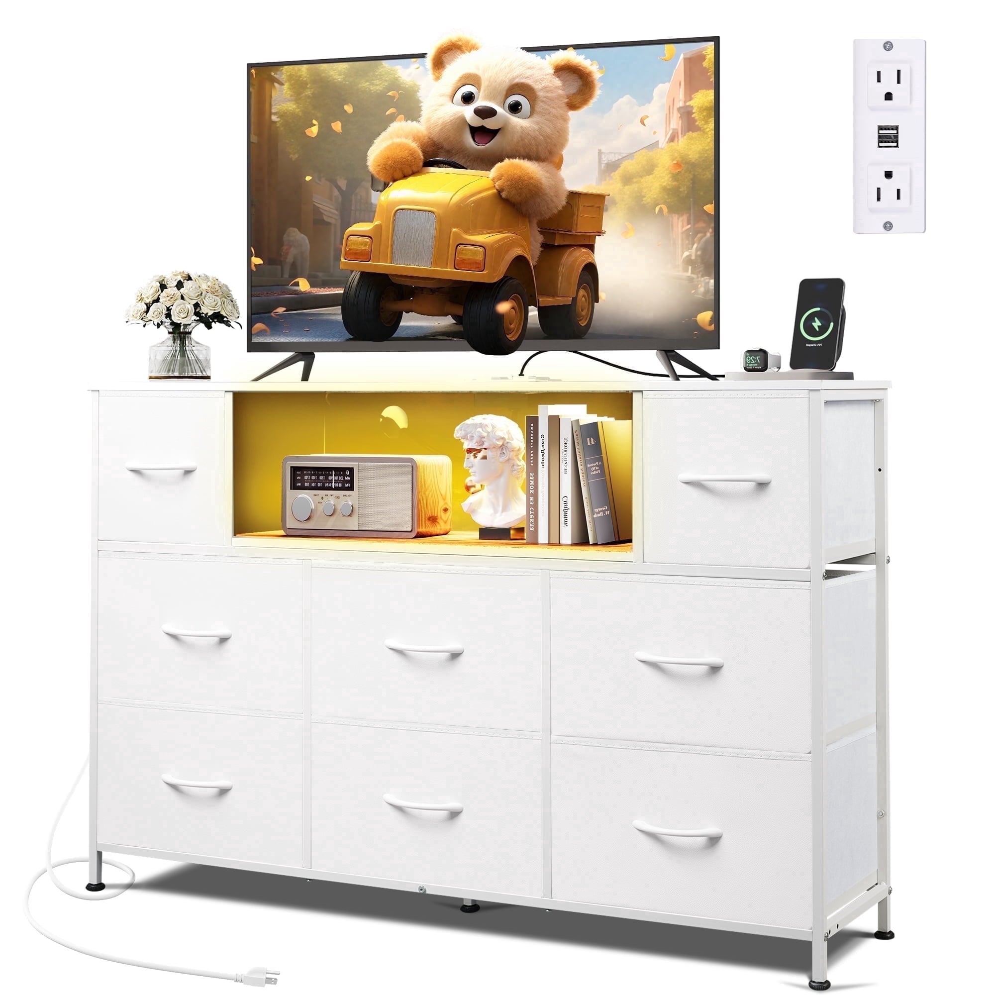 GALAXHERO 8-Drawer Dressers for Bedroom, Dresser TV Stand for 55'' TV with LED Lights and Power Outlets, Fabric Chest of Drawers for Living Room, Entryway
