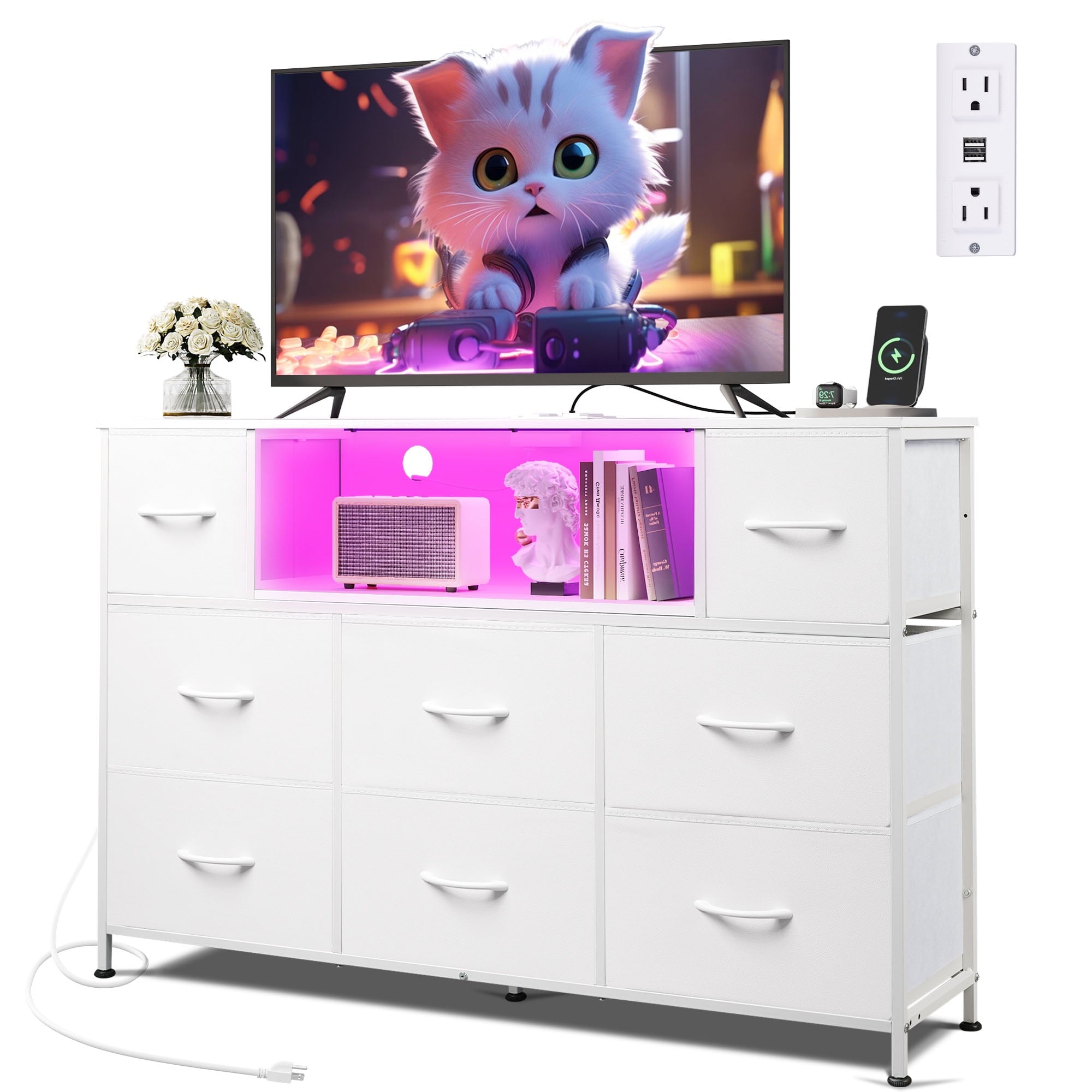 GALAXHERO 8-Drawer Fabric Dresser with Charging Station and LED Lights, TV Stand for 55-Inch TV, Storage Chest with Open Shelves for Bedroom, Living Room, Closet