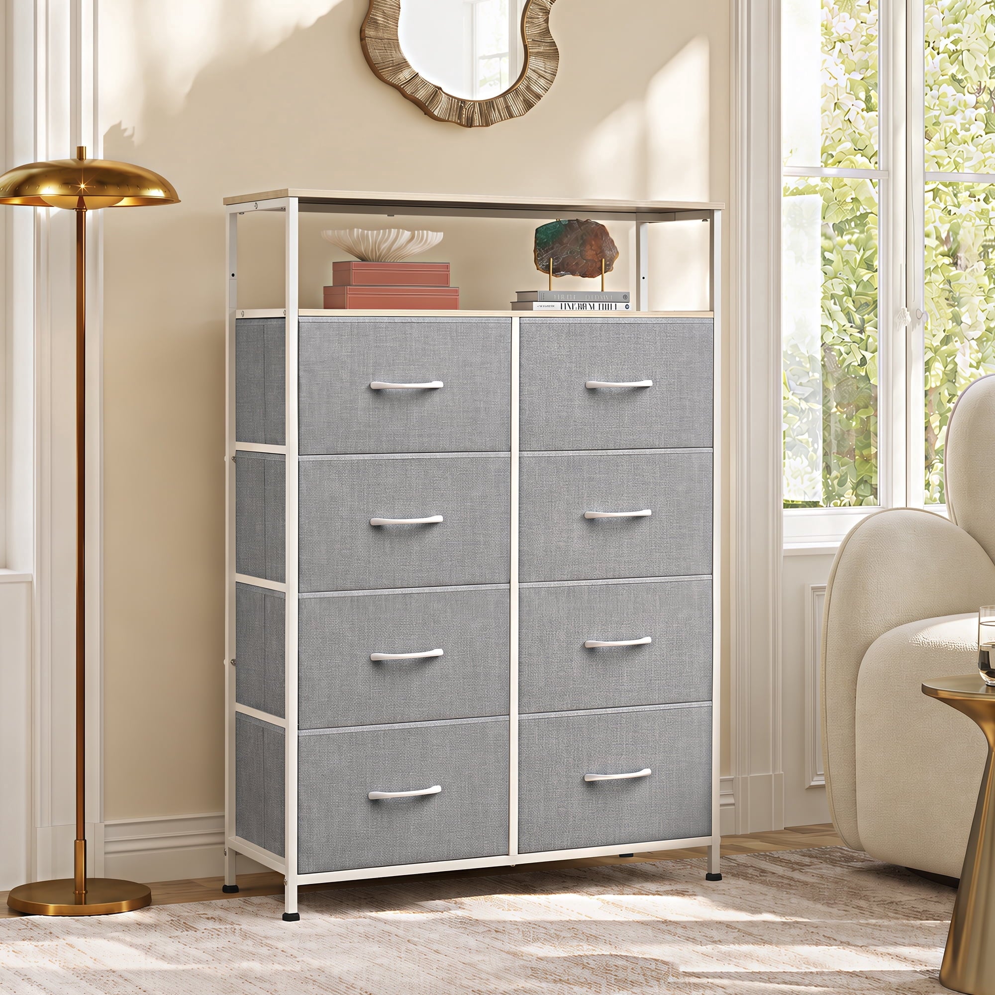 GALAXHERO 8-Drawer Fabric Dresser with Open Shelves, Tall Chest of Drawers with Wooden Top, Storage Tower for Entryway, Bedroom & Closet