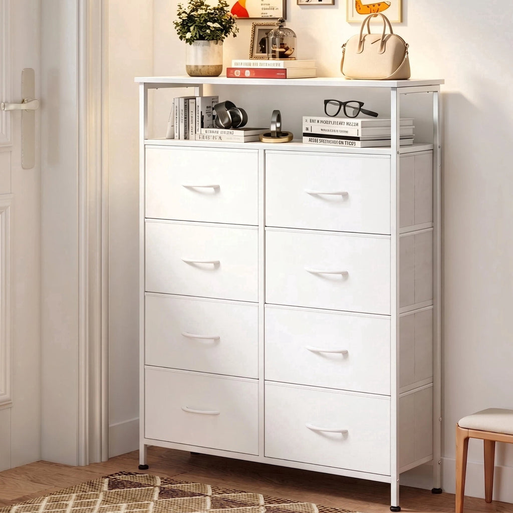 GALAXHERO 8-Drawer Fabric Dresser with Open Shelves, Tall Chest of Drawers with Wooden Top, Storage Tower for Entryway, Bedroom & Closet