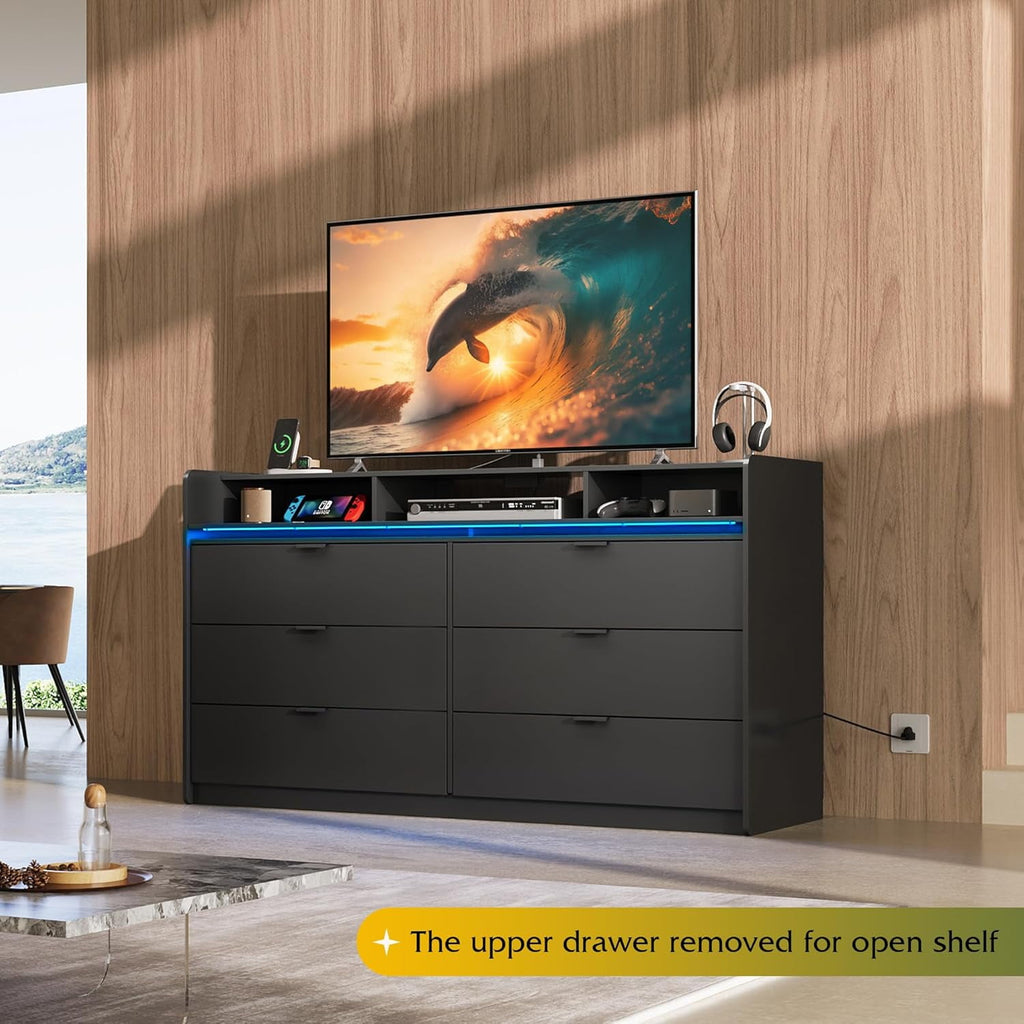 GALAXHERO 9 Drawer Dresser for Bedroom with LED Lights, Double Dresser with Charging Station, 58" Wide Wood Chest of Drawers, TV Stand for 65 inch TV for Closet, Living Room