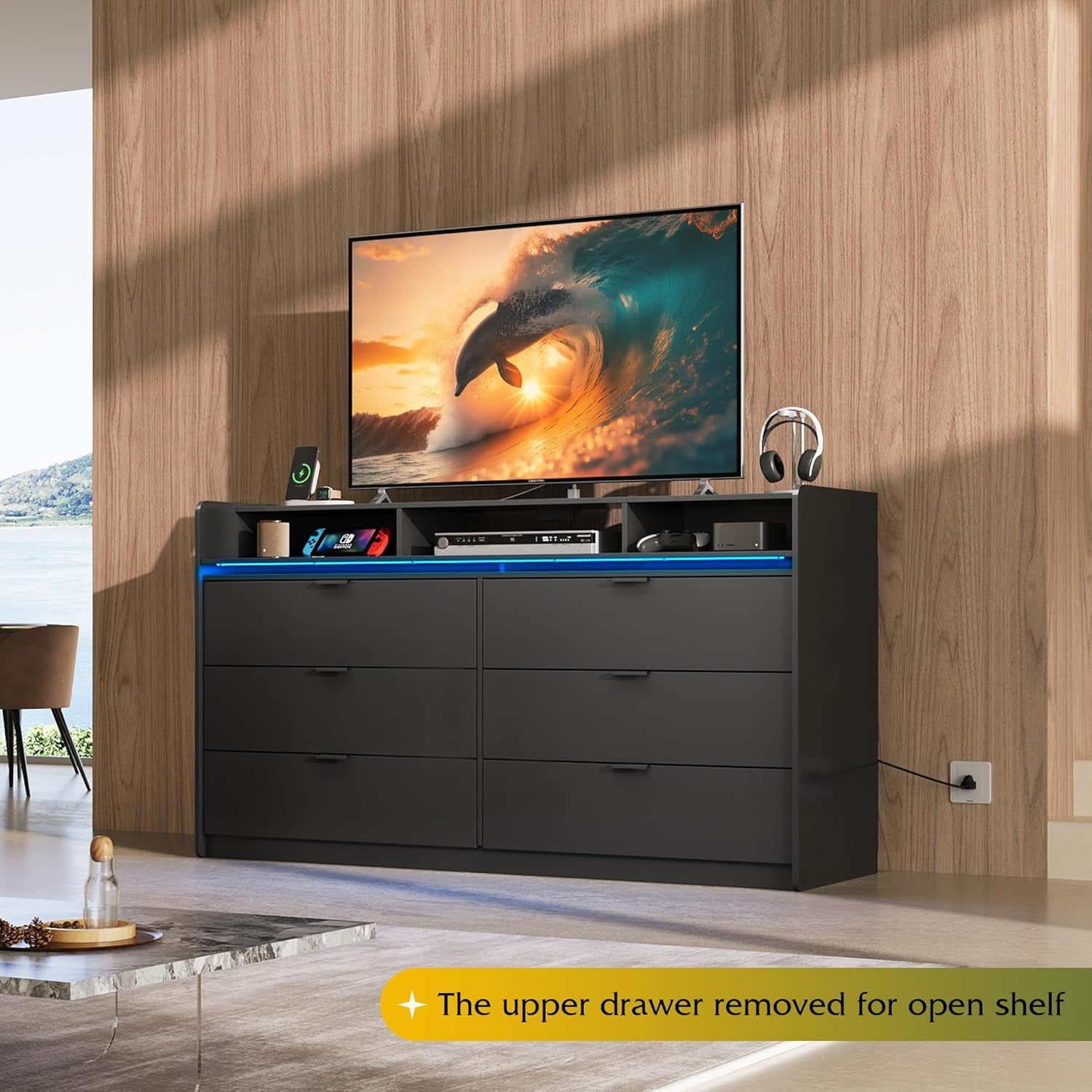 GALAXHERO 9 Drawer Dresser for Bedroom with LED Lights, Double Dresser with Charging Station, 58" Wide Wood Chest of Drawers, TV Stand for 65 inch TV for Closet, Living Room