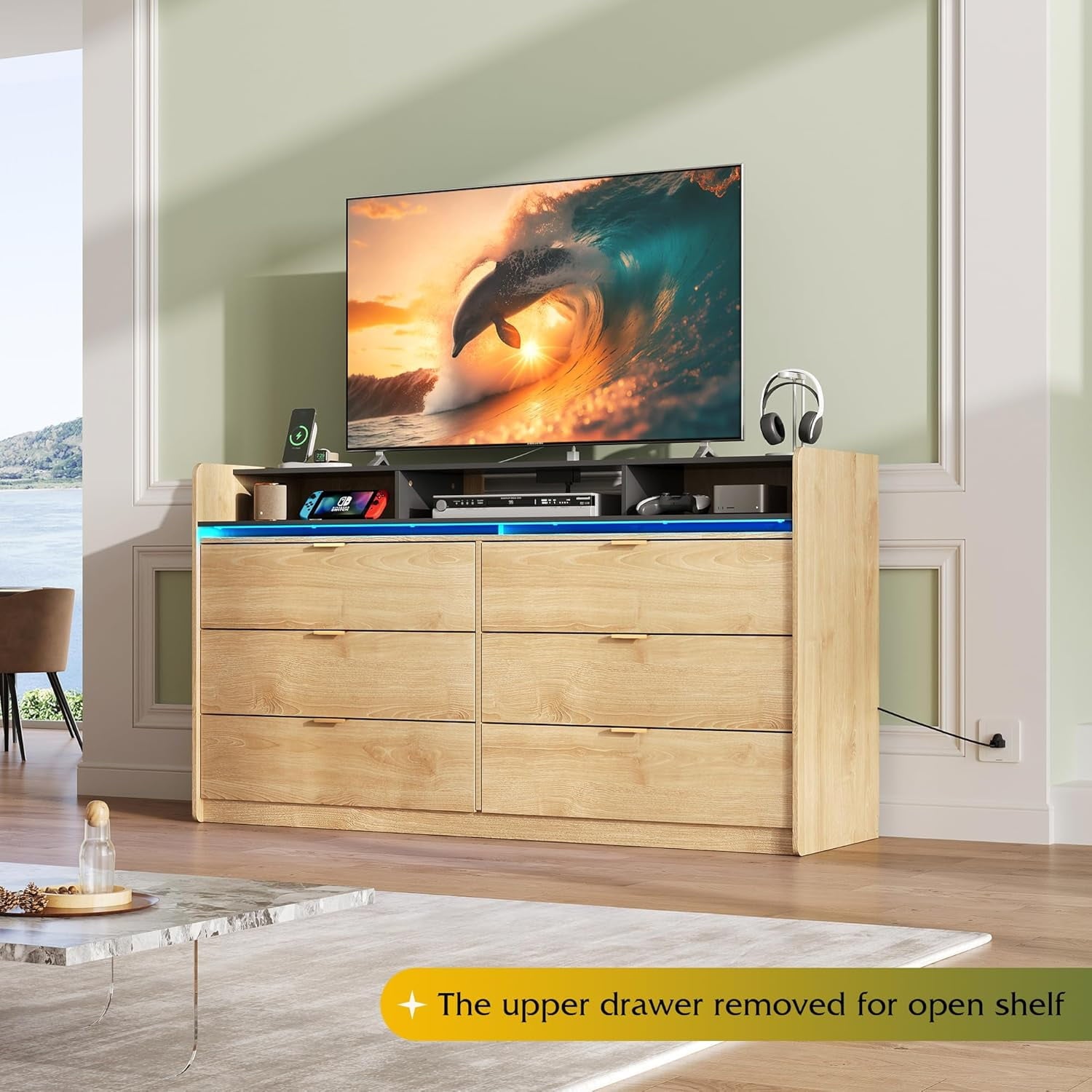 GALAXHERO 9 Drawer Dresser for Bedroom with LED Lights, Double Dresser with Charging Station, 58" Wide Wood Chest of Drawers, TV Stand for 65 inch TV for Closet, Living Room