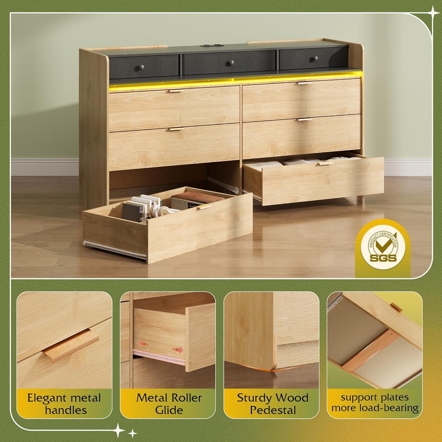 GALAXHERO 9 Drawer Dresser for Bedroom with LED Lights, Double Dresser with Charging Station, 58" Wide Wood Chest of Drawers, TV Stand for 65 inch TV for Closet, Living Room