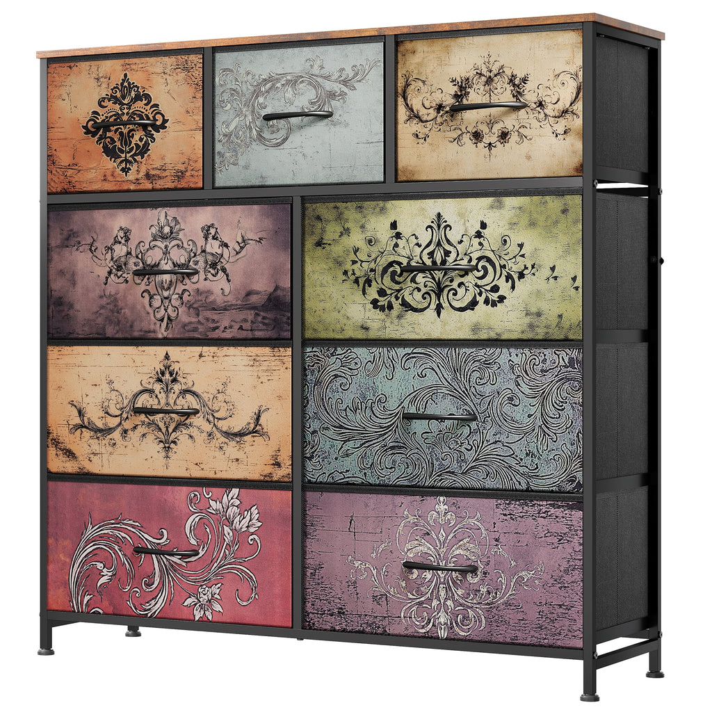 GALAXHERO 9-Drawer Fabric Dresser, Tall Storage Tower for Bedroom, Hallway, Entryway, Closet, Chest Organizer Unit with Fabric Bins, Steel Frame, Wood Top, Wood Grain Print