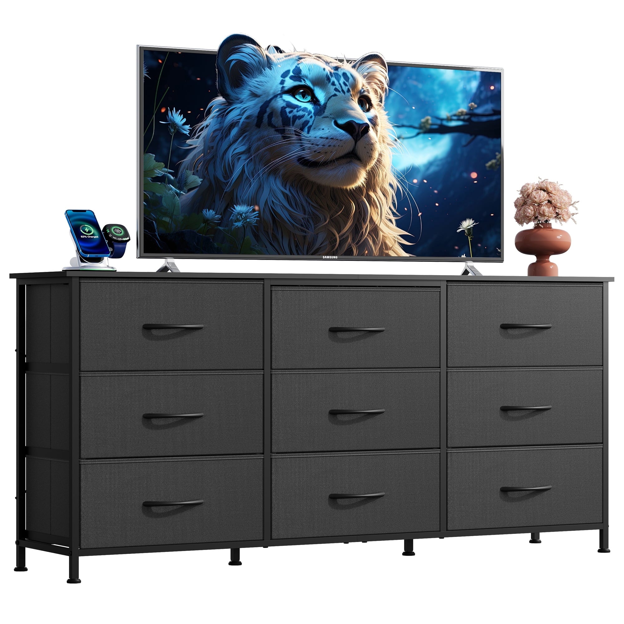 GALAXHERO 9 Drawers Dresser for Bedroom, 54''W  Fabric Dresser with Wood Top, TV Stand for 65'' TV, Wide Chest of Drawers for Closet, Living Room