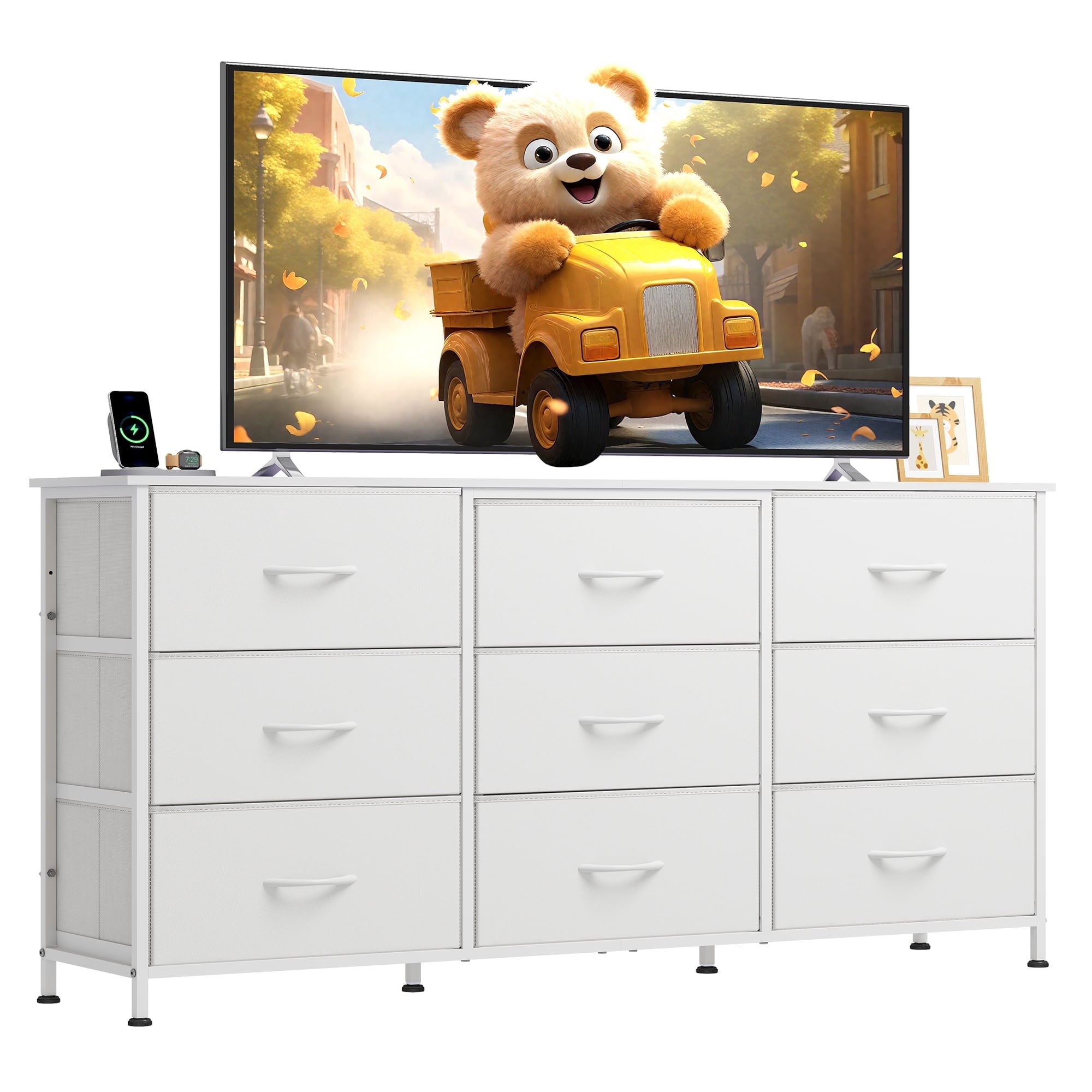 GALAXHERO 9 Drawers Dresser for Bedroom, 54''W  Fabric Dresser with Wood Top, TV Stand for 65'' TV, Wide Chest of Drawers for Closet, Living Room