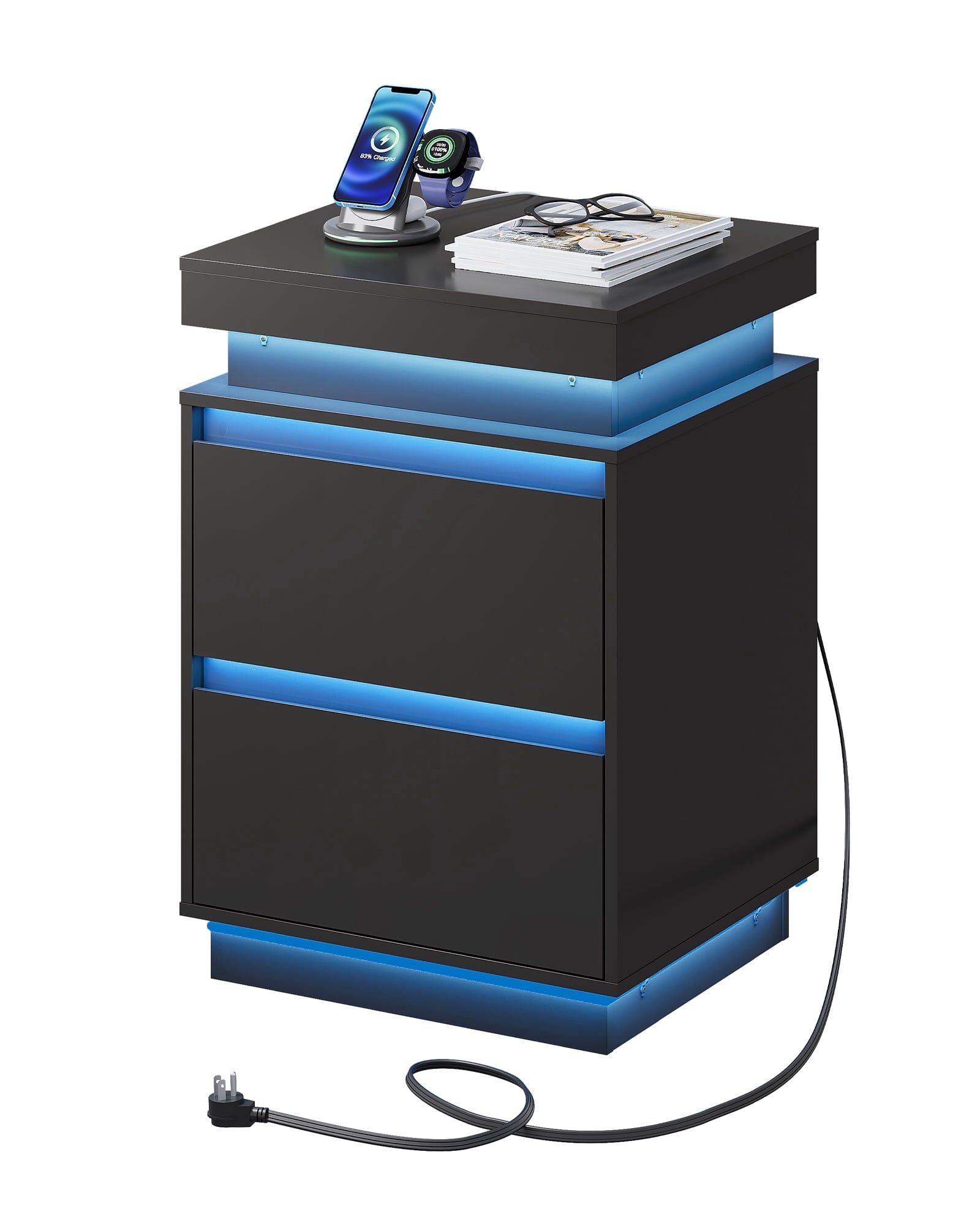 GALAXHERO Nightstand with Charging Station and LED Lights, Modern 2 Drawers Bedside Table with Sliding Top, End Side Table for Bedroom, Living Room