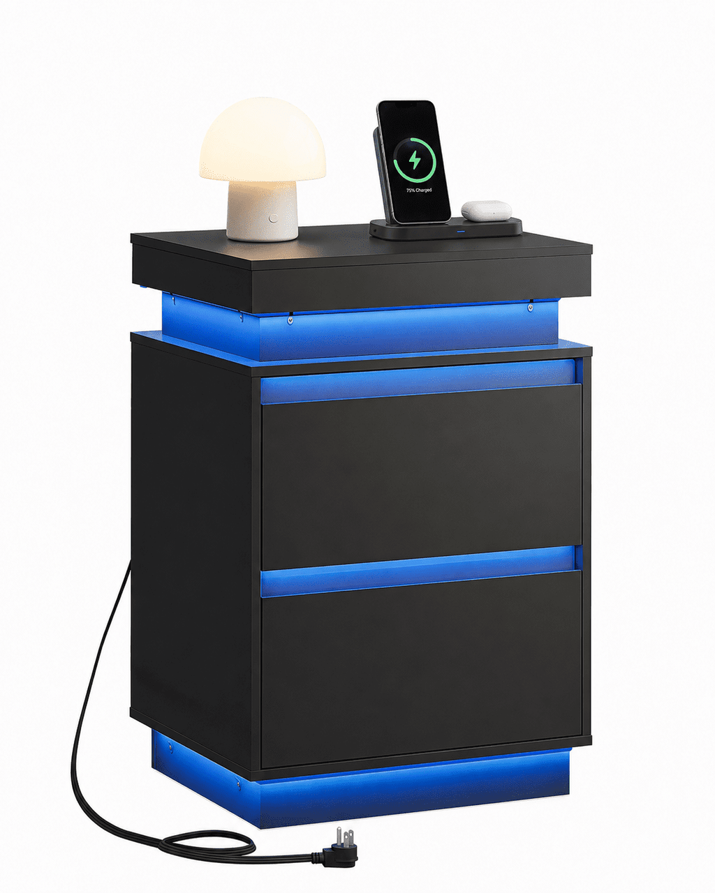 GALAXHERO  Nightstand with Charging Station and LED Lights, Modern 2 Drawers Bedside Table with Sliding Top, End Side Table for Bedroom, Living Room