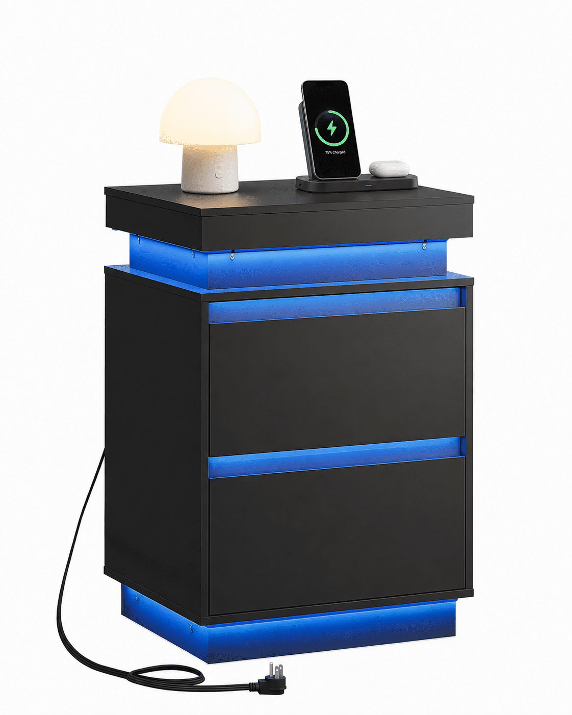 GALAXHERO  Nightstand with Charging Station and LED Lights, Modern 2 Drawers Bedside Table with Sliding Top, End Side Table for Bedroom, Living Room