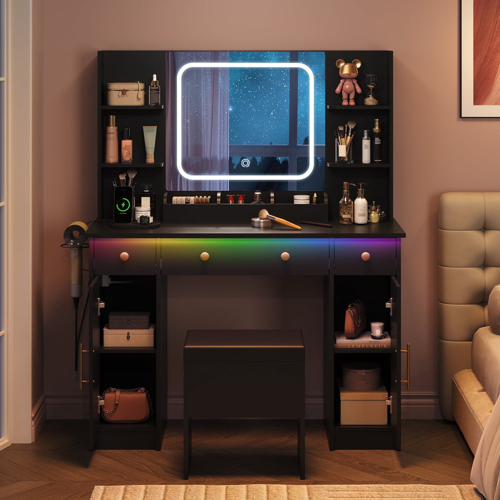 GALAXHERO White Vanity Desk with Lighted Mirror and Chair, RGB Lights, Charging Station, Makeup Table with 3 Drawers and 2 Cabinets, Vanity Stools with Storage for Bedroom