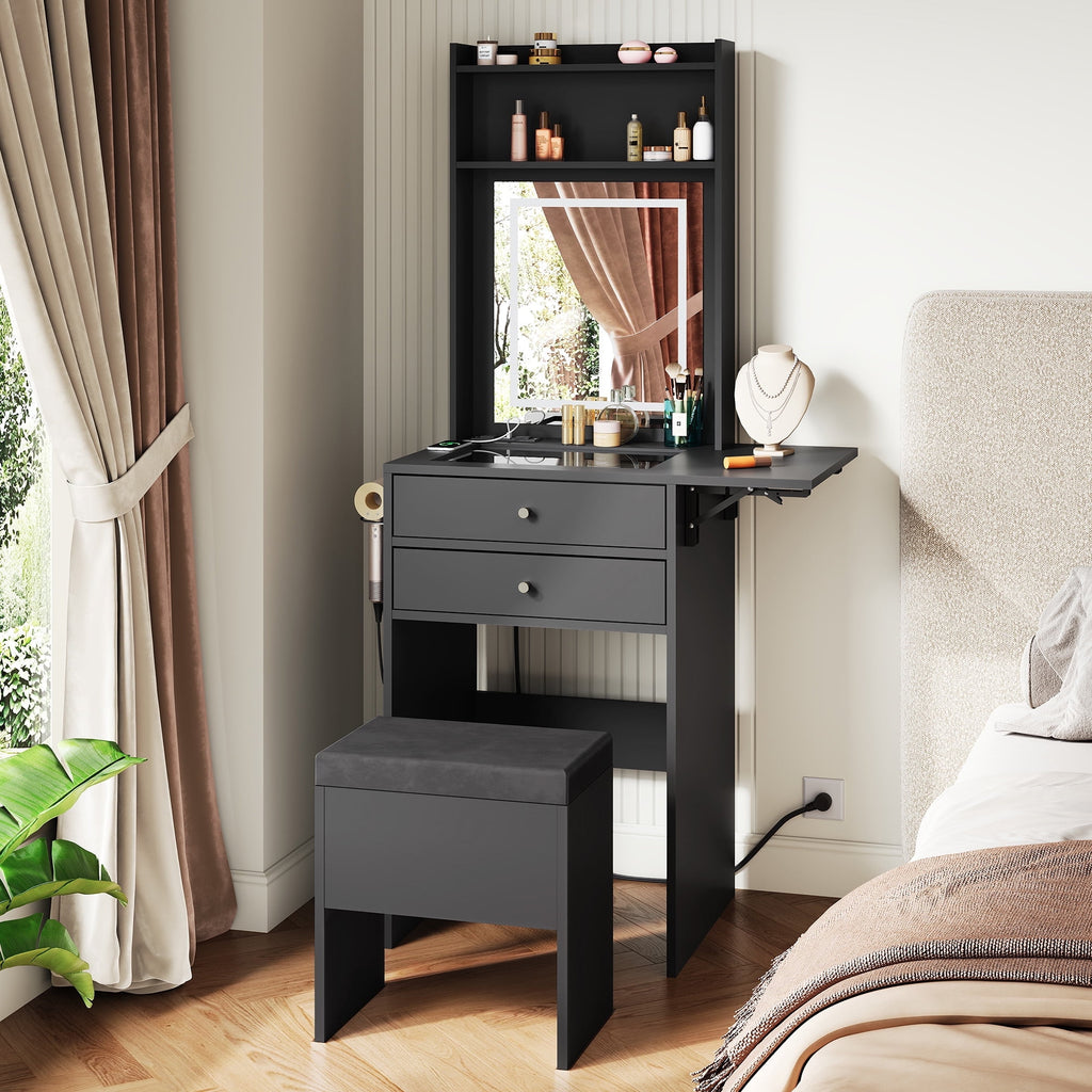 GALAXHERO Vanity Desk with Lighted Mirror and Glass Top, Makeup Vanity Chair with Storage, Fold-up Panel, 2 Drawers Dressing Table for Bedroom, White