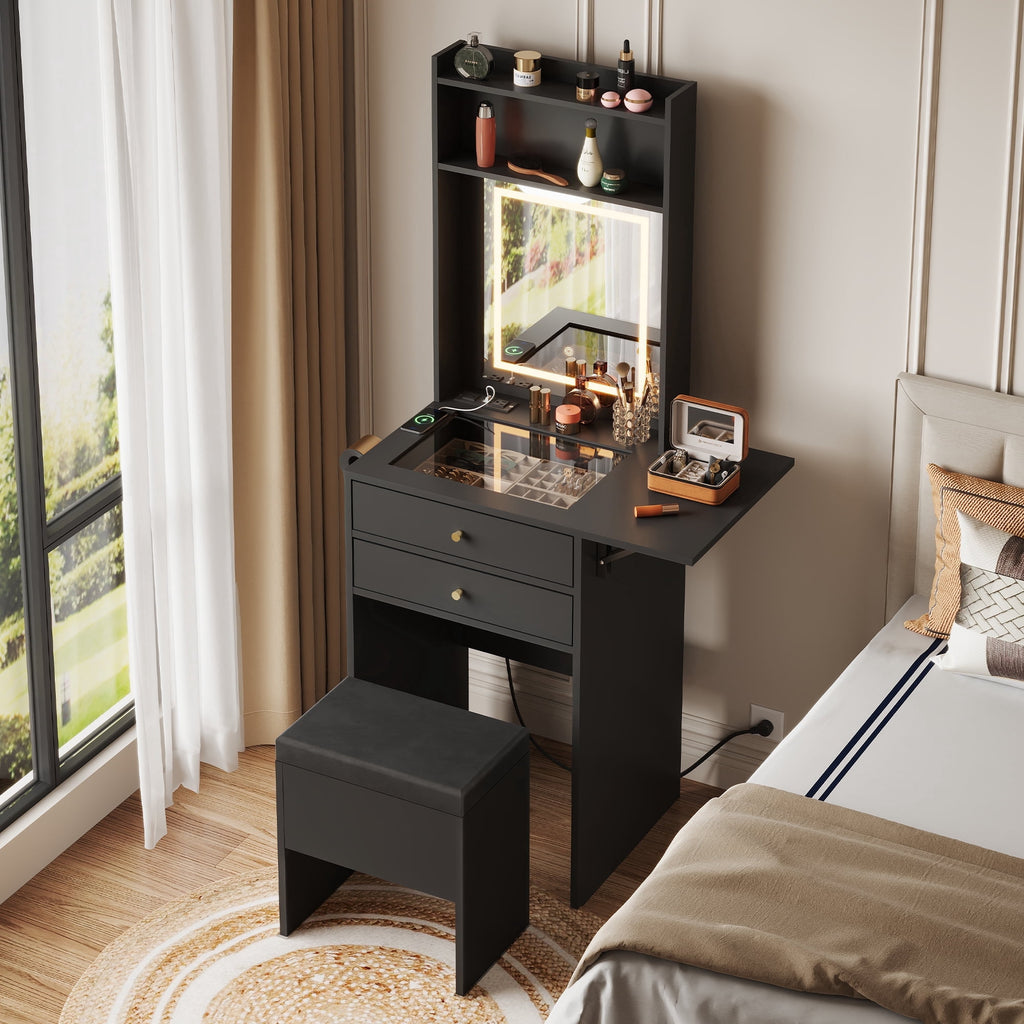 GALAXHERO Vanity Desk with Lighted Mirror and Glass Top, Makeup Vanity Chair with Storage, Fold-up Panel, 2 Drawers Dressing Table for Bedroom