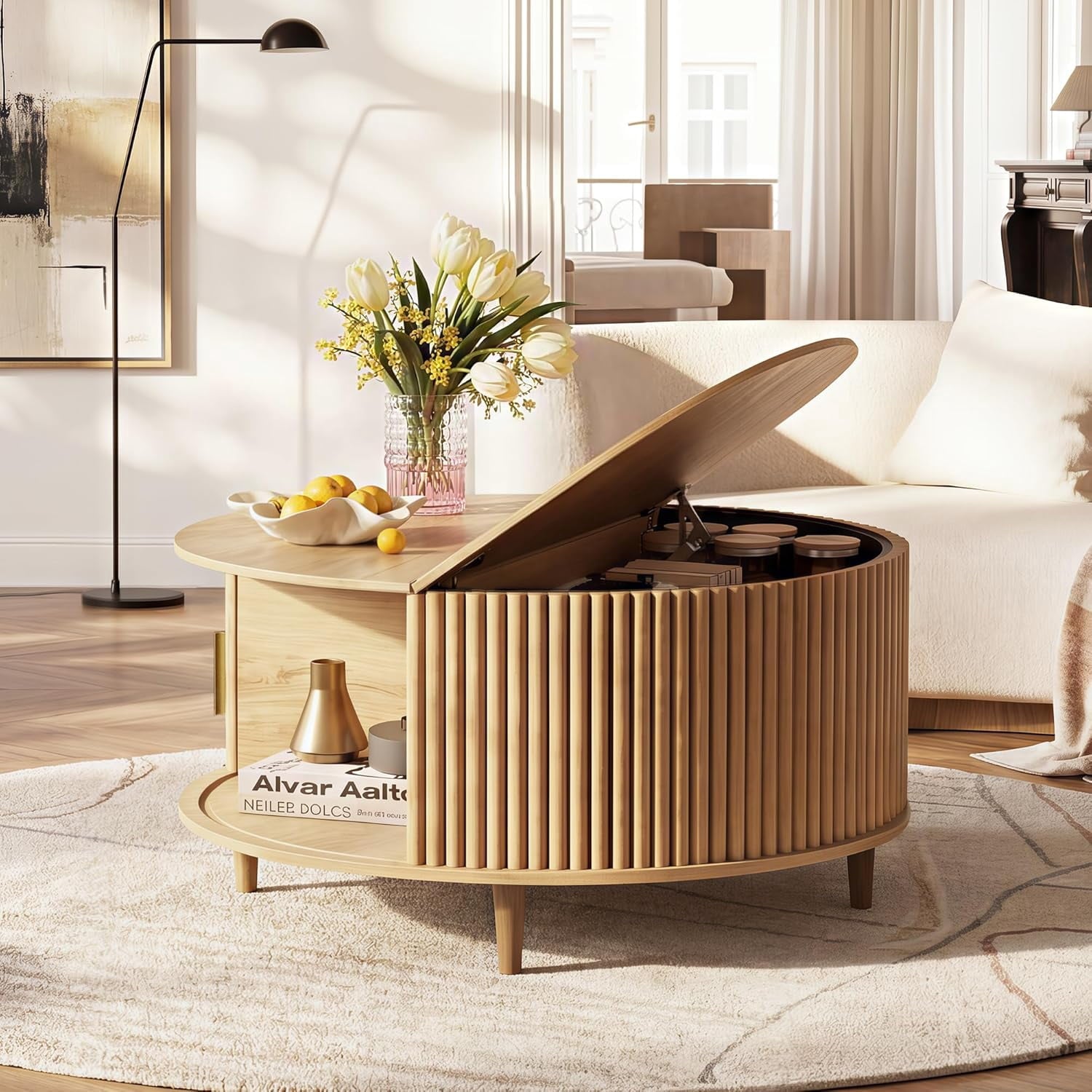 GALAXHERO Coffee Table, 31.5" Round Coffee Tables with Storage and Sliding Cabinet Door, Mid Century Modern Fluted Center Table for Living Room, Small Space