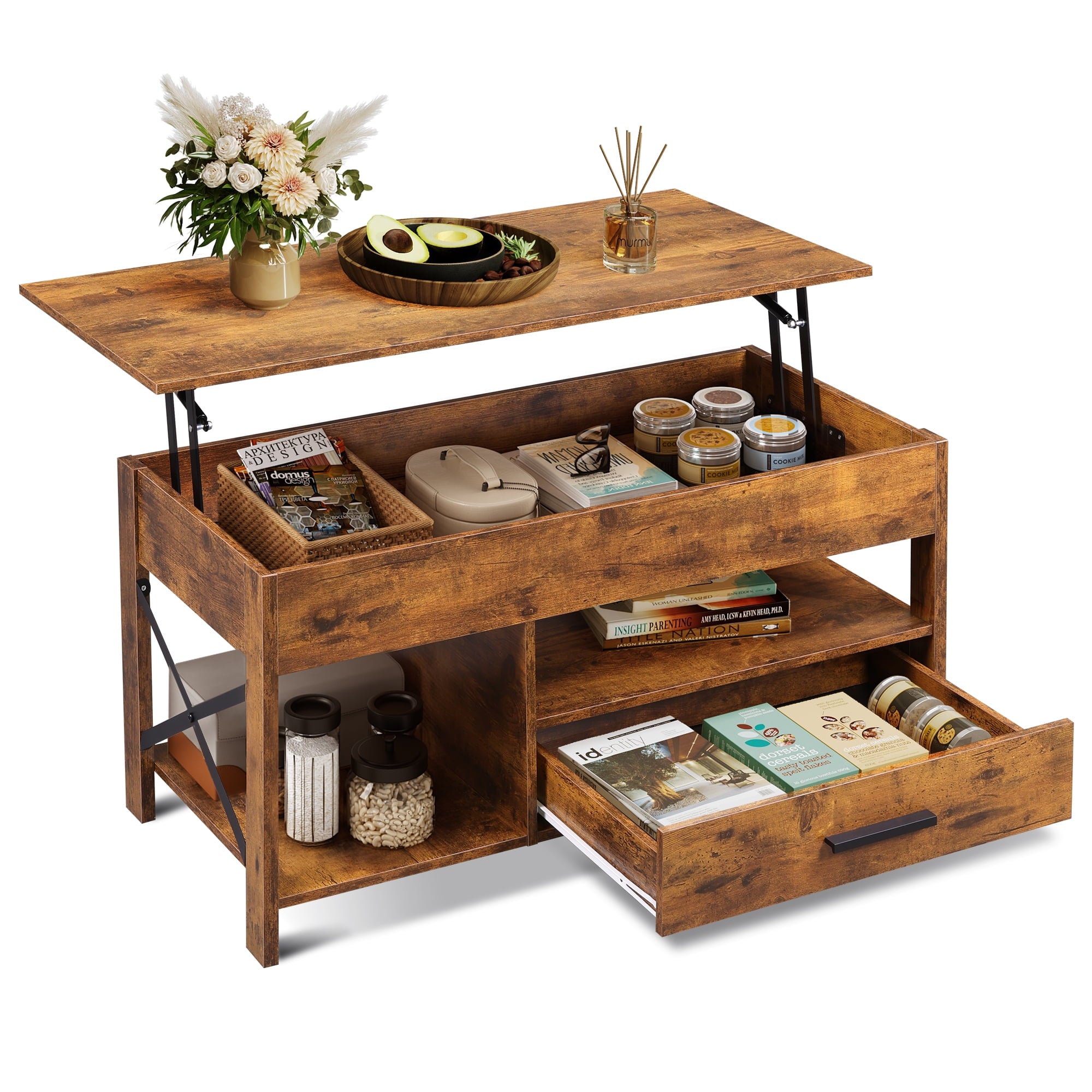 GALAXHERO Coffee Table, 39" Lift Top Coffee Table with Hidden Compartment, Storage Drawers and Storage Shelf for Living Room, Reception Room, Espresso