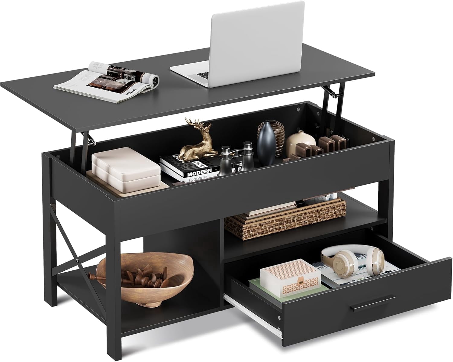 GALAXHERO Coffee Table, 39" Lift Top Coffee Table with Hidden Compartment, Storage Drawers and Storage Shelf for Living Room, Reception Room