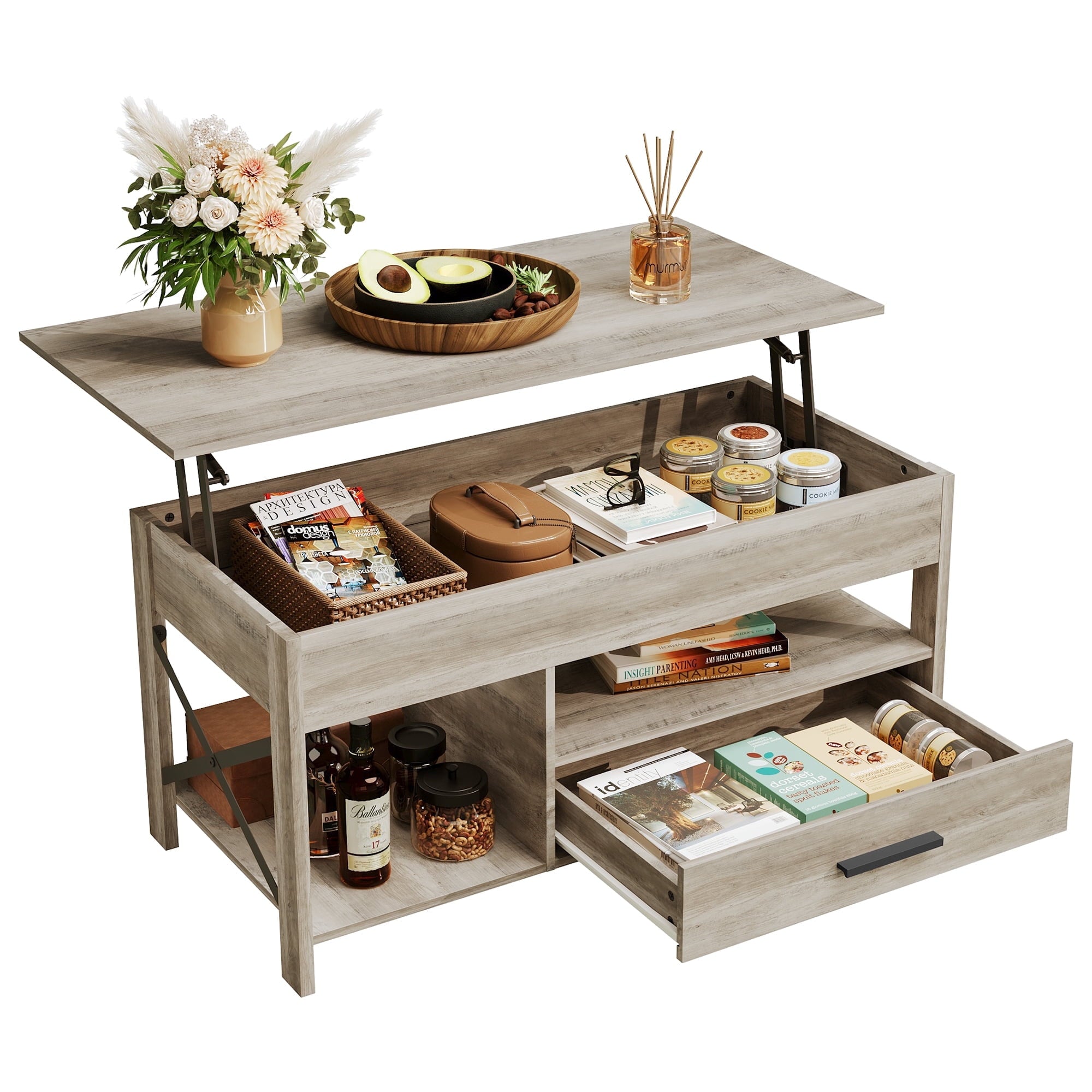 GALAXHERO Coffee Table, 39" Lift Top Coffee Table with Hidden Compartment, Storage Drawers and Storage Shelf for Living Room, Reception Room