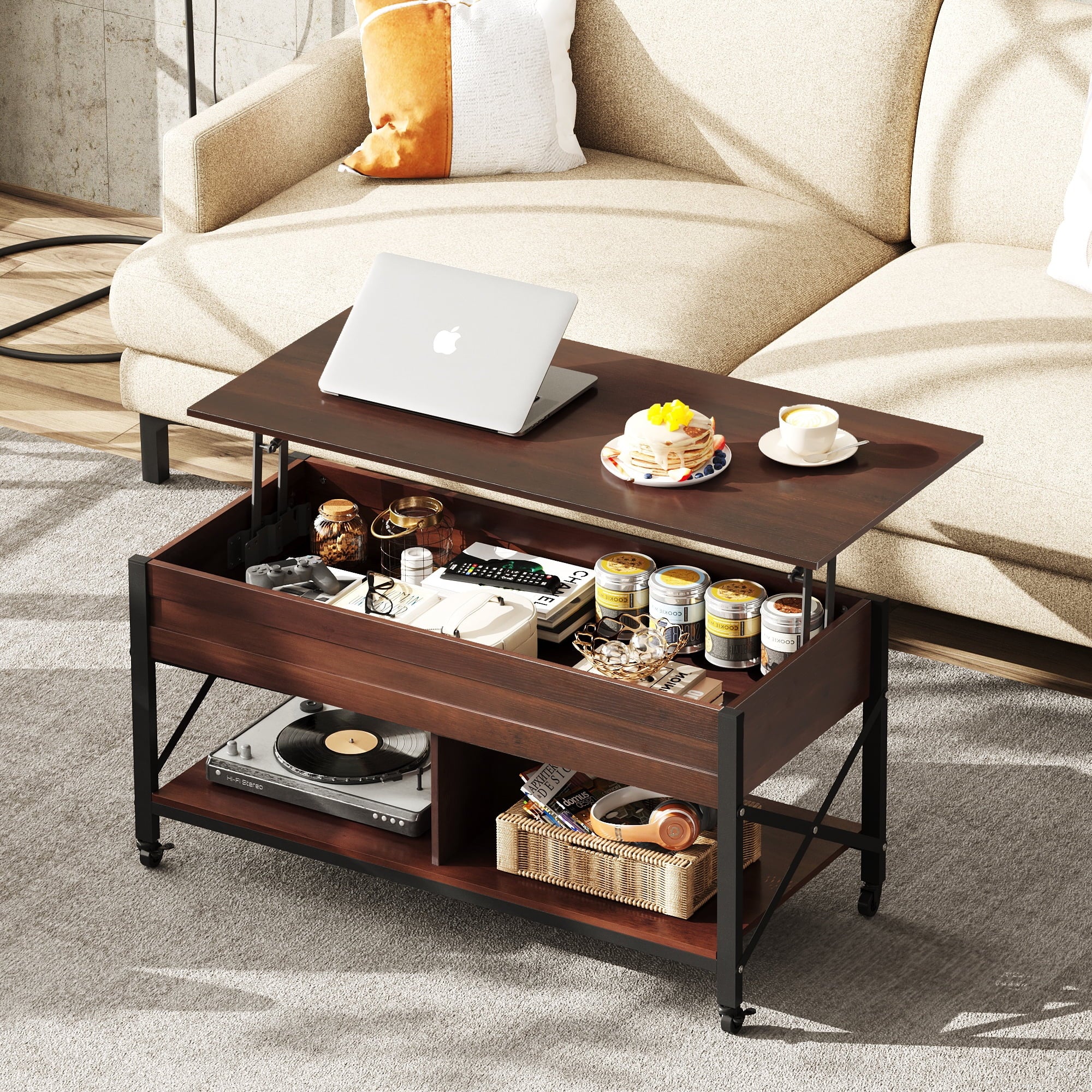 GALAXHERO Coffee Table, 41.3" Lift Top Coffee Table with 4 Wheels, Hidden Compartment, Storage Shelf and Lift Tabletop for Living Room, Reception Room