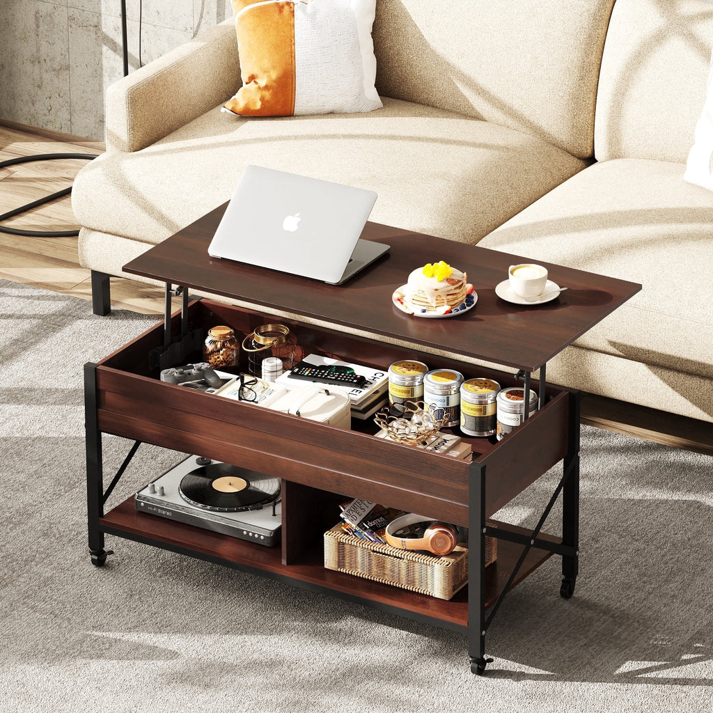 GALAXHERO Coffee Table, 41.3" Lift Top Coffee Table with 4 Wheels, Hidden Compartment, Storage Shelf and Lift Tabletop for Living Room, Reception Room