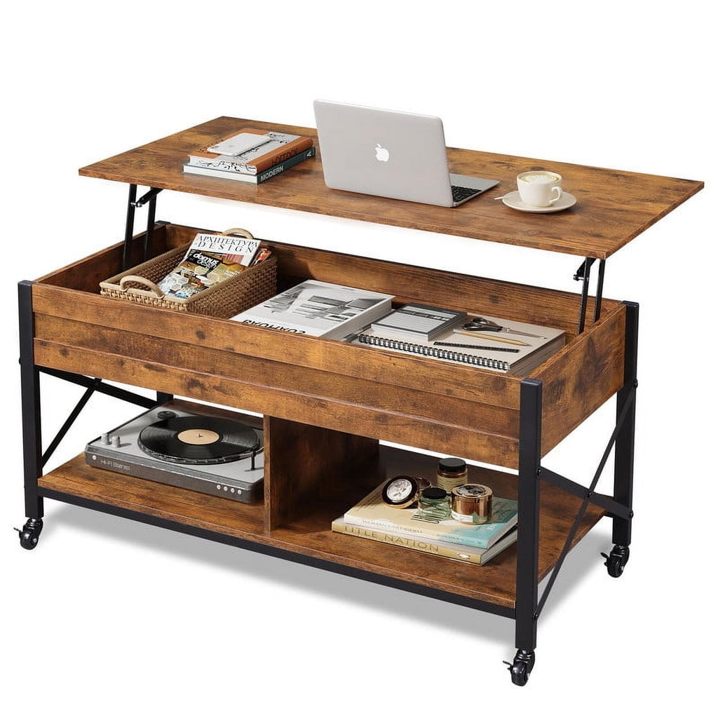 GALAXHERO Coffee Table, 41.3" Lift Top Coffee Table with 4 Wheels, Hidden Compartment, Storage Shelf and Lift Tabletop for Living Room, Reception Room