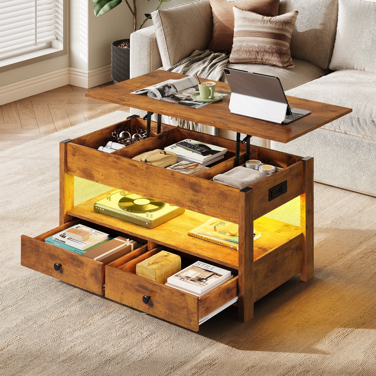 GALAXHERO Lift Top Coffee Table for Living Room Table with 2 Drawers & LED Light & Large Storage and Open Shelf