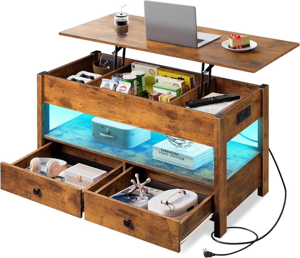 GALAXHERO Lift Top Coffee Table for Living Room Table with 2 Drawers & LED Light & Large Storage and Open Shelf