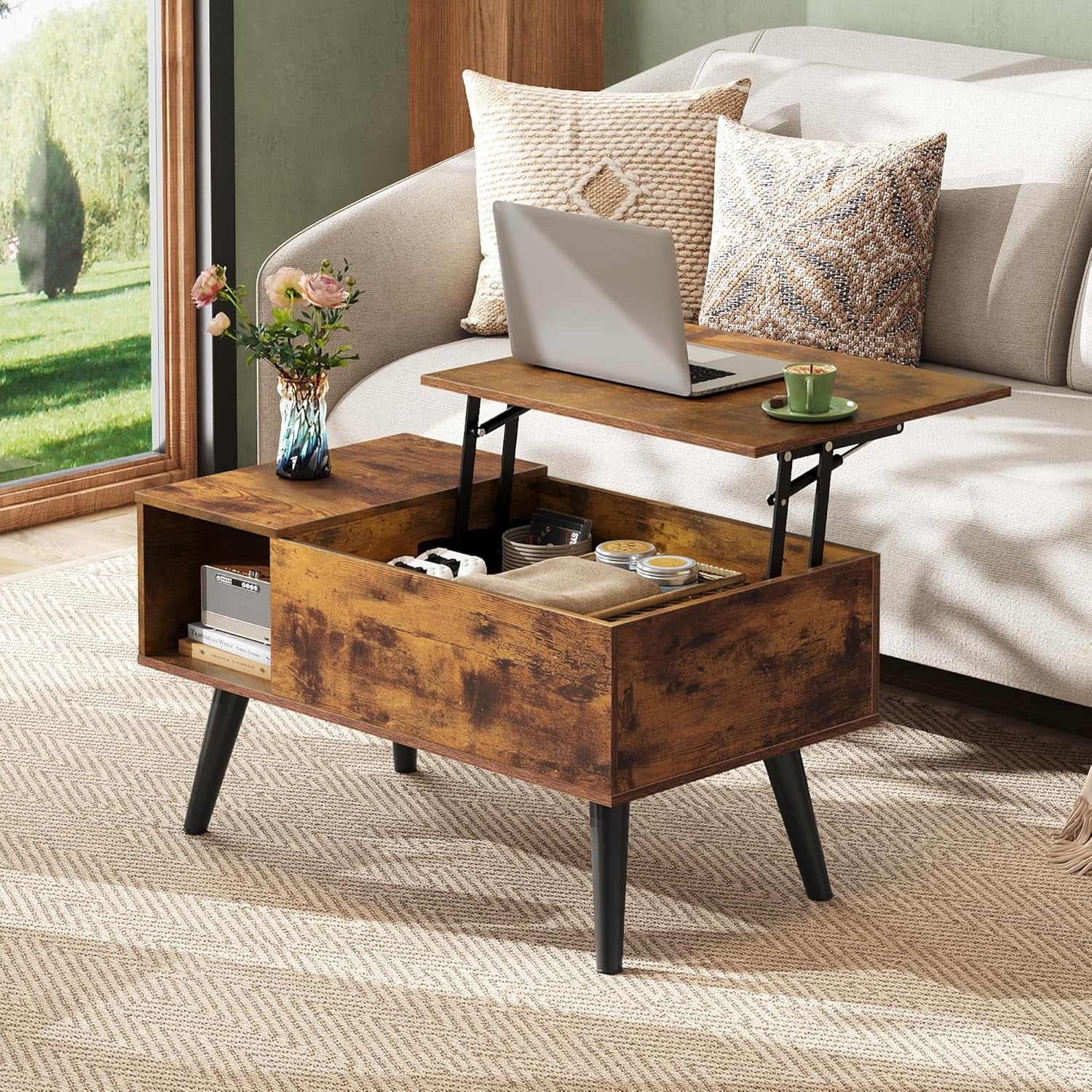 GALAXHERO 31.5" Coffee Table for Living Room Small Coffee Table with Shelf & Hidden Compartment Lift Top Modern Wooden Dining Center Table with Storage