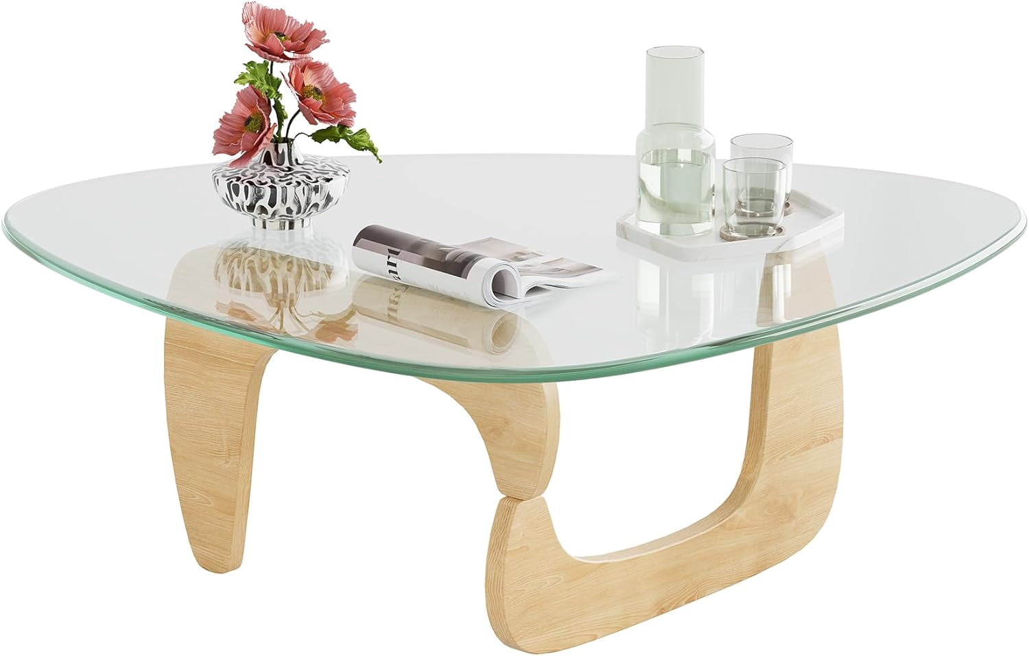 GALAXHERO Coffee Table, Small Glass Coffee Table with Solid Wood Legs, 36" Mid Century Triangle Living Room Tables, Modern Center Table for Living Room, Reception, Office