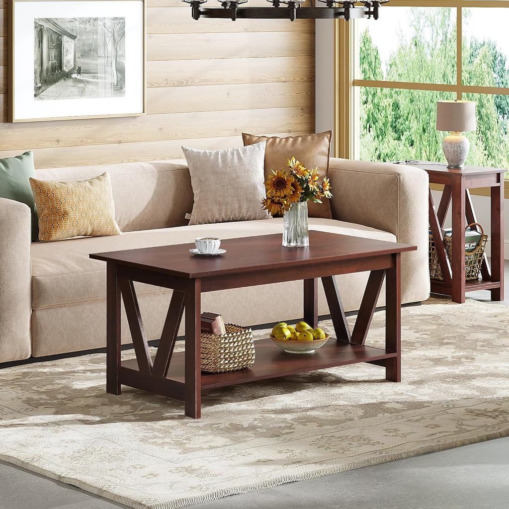 GALAXHERO 39.4" Coffee Table with Storage Shelf Farmhouse Coffee Table with V-Frame Support 2-Tier Wood Rustic Center Table for Living Room, Bedroom & Balcony