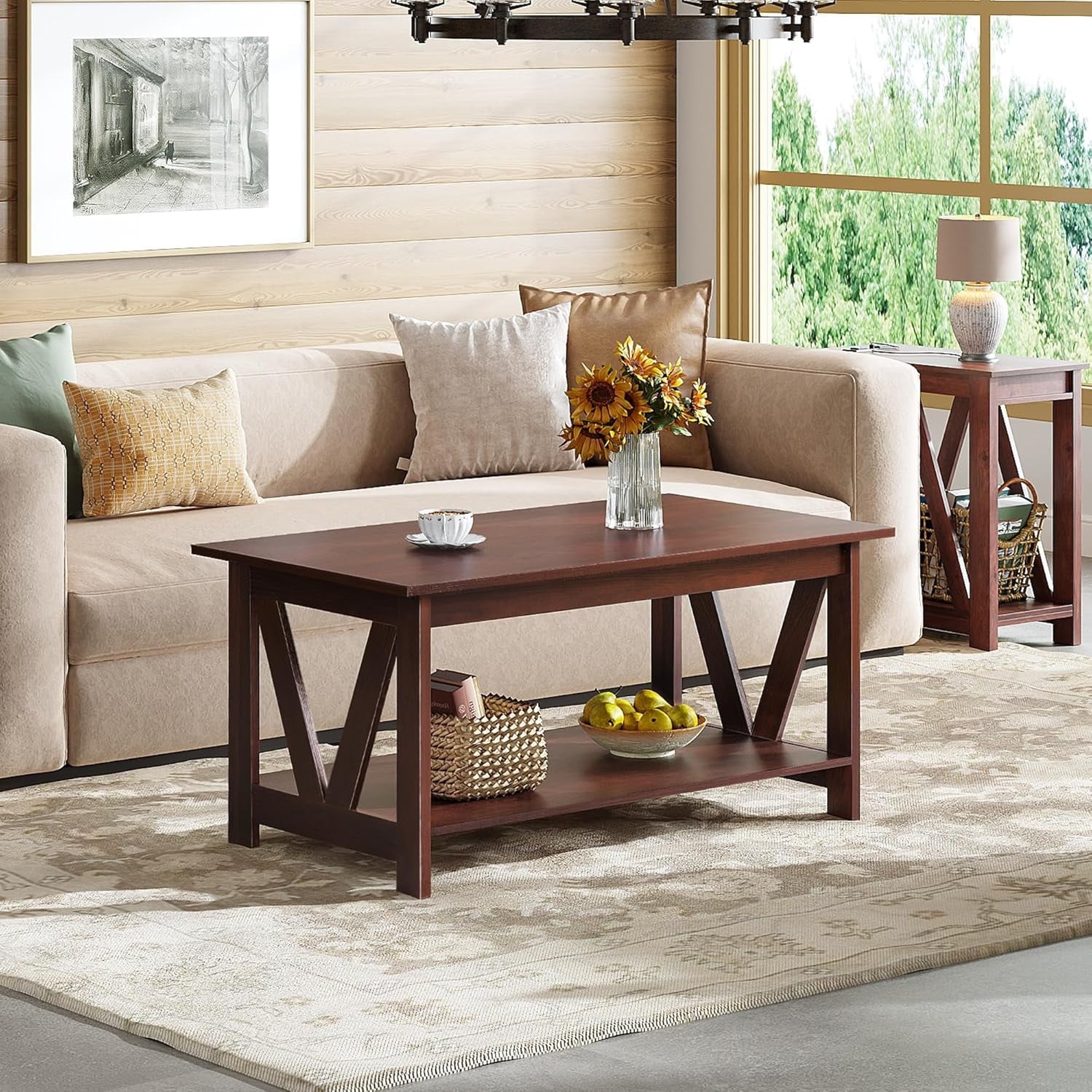 GALAXHERO 39.4" Coffee Table with Storage Shelf Farmhouse Coffee Table with V-Frame Support 2-Tier Wood Rustic Center Table for Living Room, Bedroom & Balcony