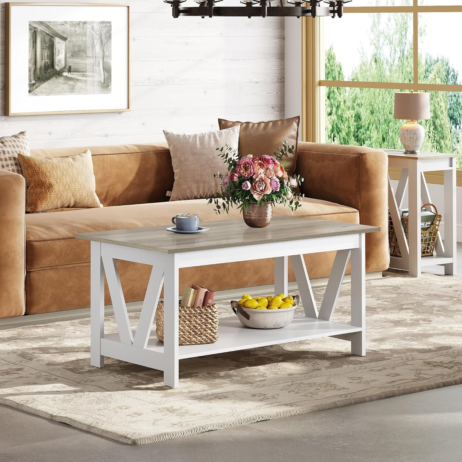 GALAXHERO 39.4" Coffee Table with Storage Shelf Farmhouse Coffee Table with V-Frame Support 2-Tier Wood Rustic Center Table for Living Room, Bedroom & Balcony