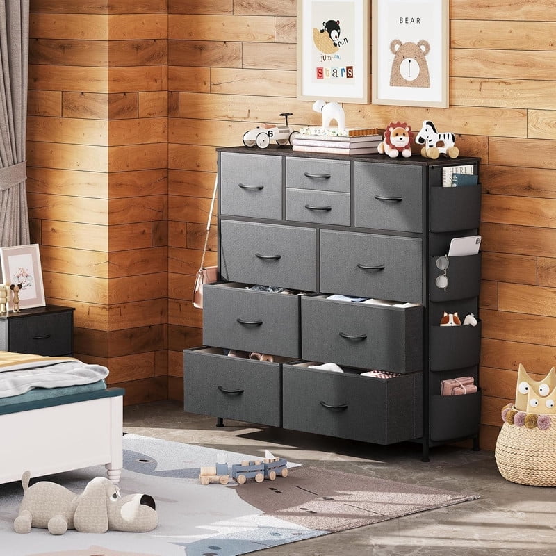 GALAXHERO 10-Drawer Fabric Dresser, Sturdy Metal Frame Organizer Unit with Side Pockets and Hooks for Bedroom, Living Room, Hallway