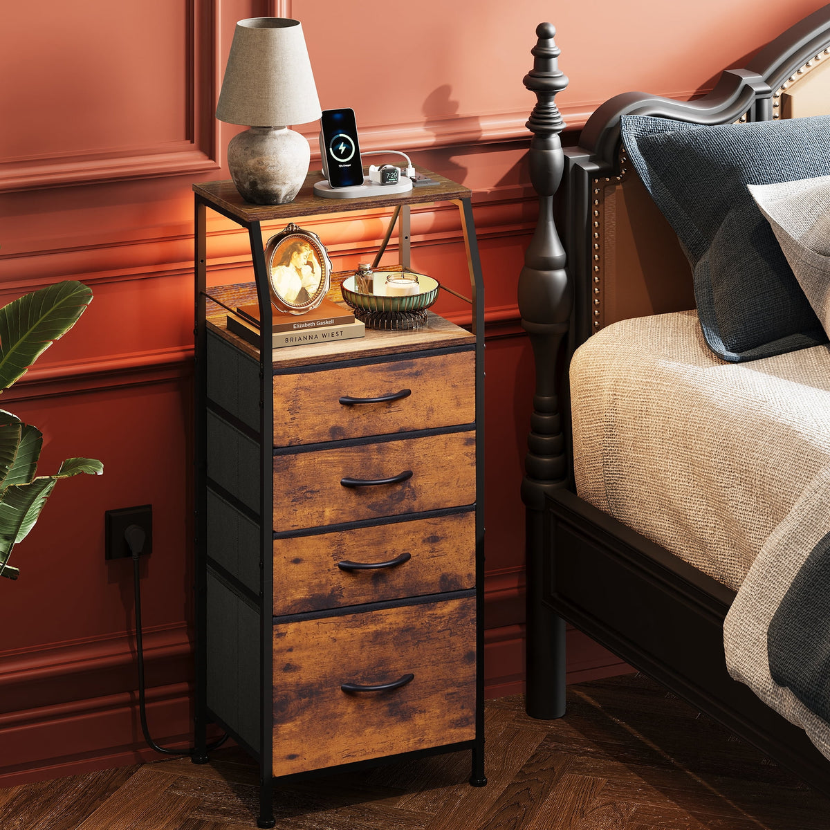 GALAXHERO 4 Drawer Dresser for Bedroom, Nightstand with Charging Station and LED, Tall Bedside Table with Storage Shelfs