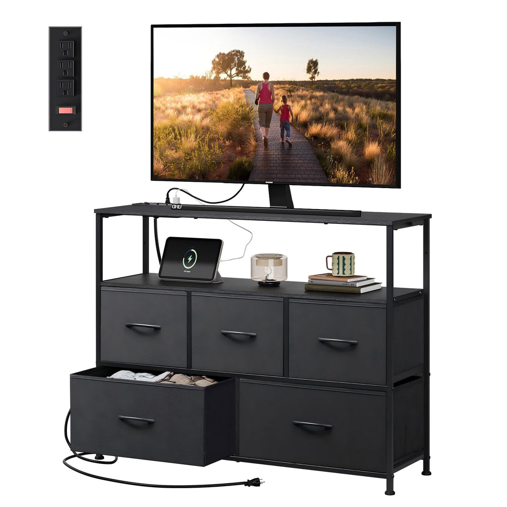 GALAXHERO Dresser 5 Drawer TV Stand Entertainment Center for Bedroom Living Room Closet with Open Shelf and Power Outlet Fits 45 Inch TV